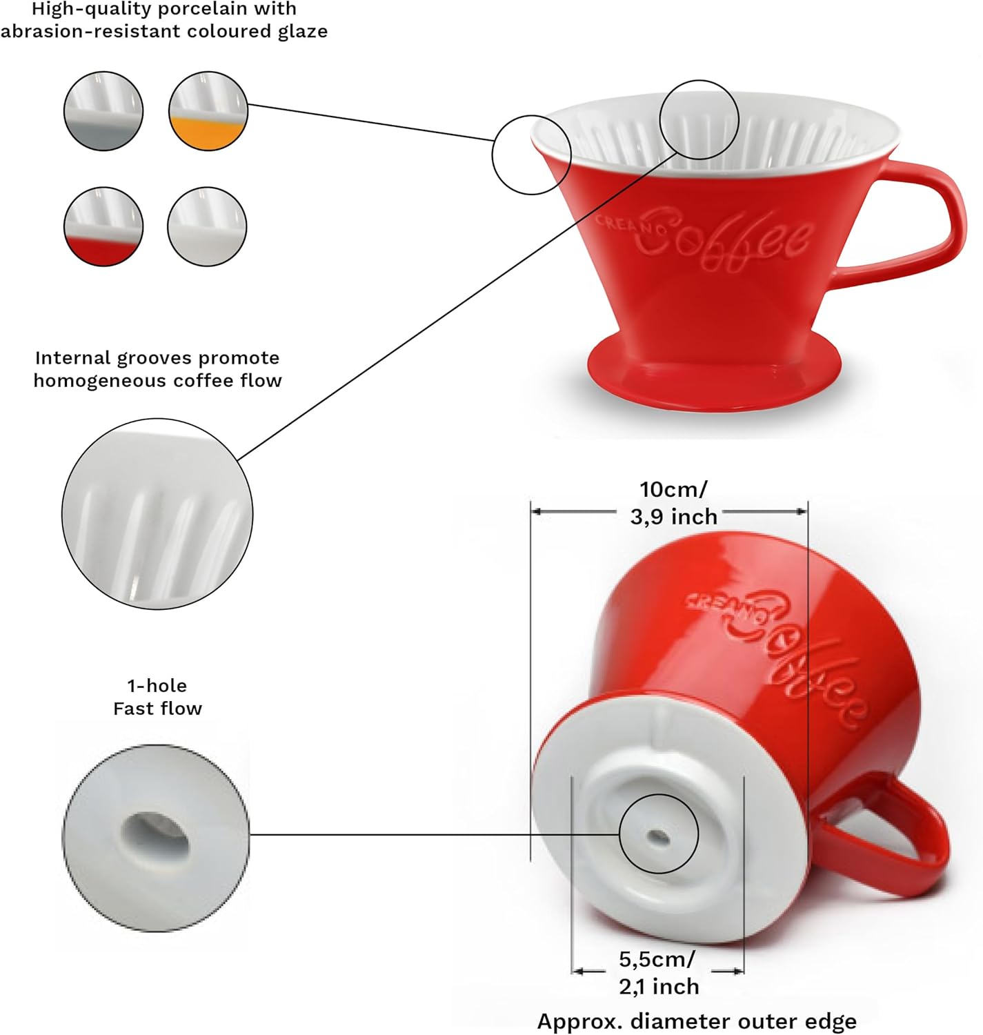 Creano Porcelain Coffee Dripper Stone Grey - Ceramic Cone Brewer - Pour Over Coffee Maker for Filter Bags Size 4 - Easy Manual Brew for pure taste - also for Camping, Hiking