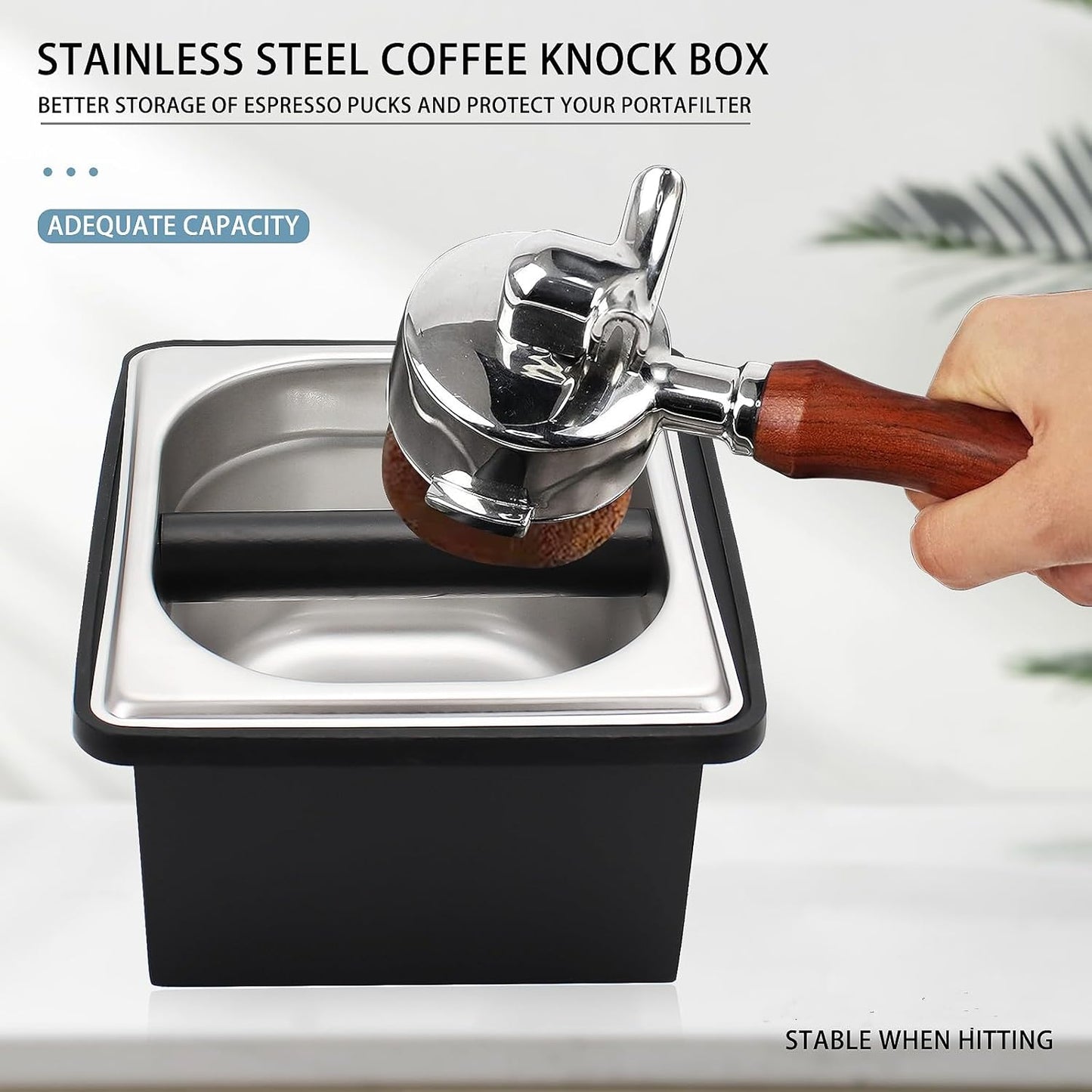 Espresso Knock Box,Stainless Steel Coffee Pucks Container, with Steel Holder and Noise Reduction Rubber Ring (7.28 x 6.8 x 4.25 inch)