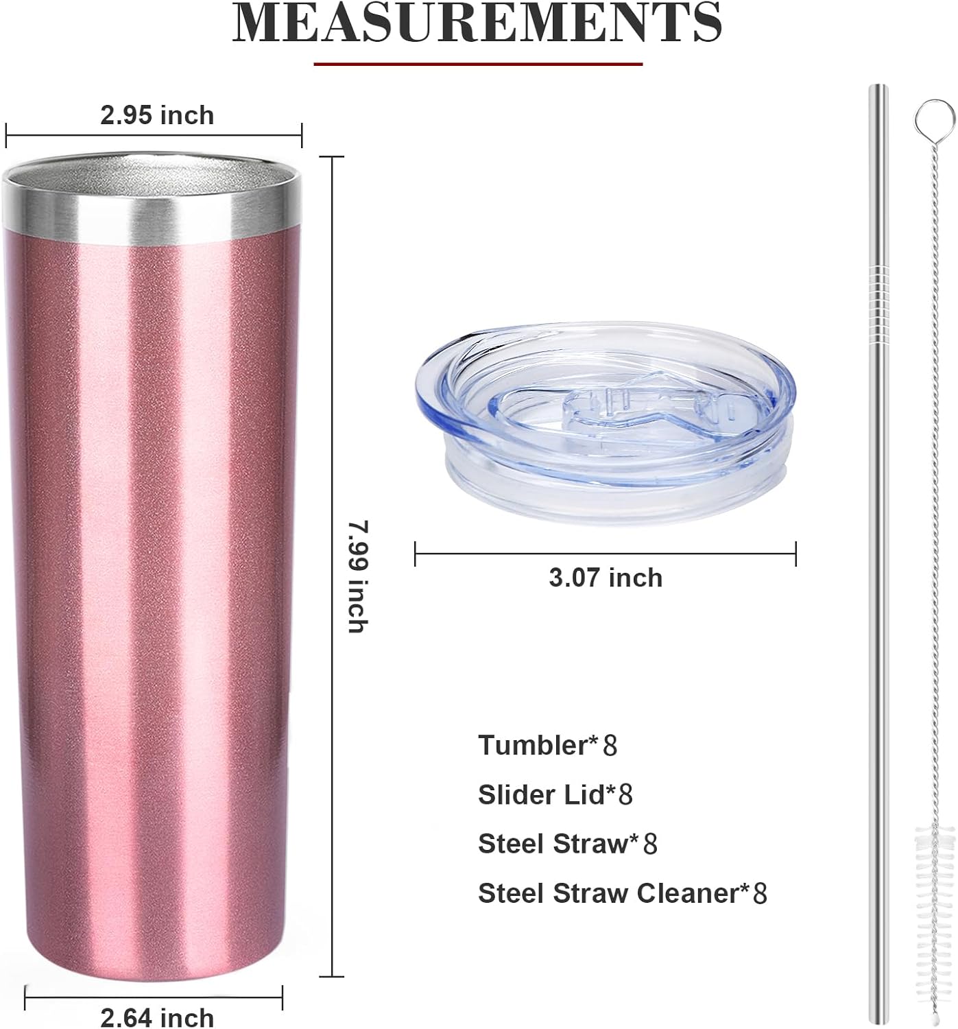 20 oz Skinny Tumblers with Lid and Straw,Stainless Steel Vacuum Insulated Tumbler Cup Double Wall Travel Coffee Mug, Thermal Water Tumbler for Hot and Cold Drinks(Rose Gold,8)