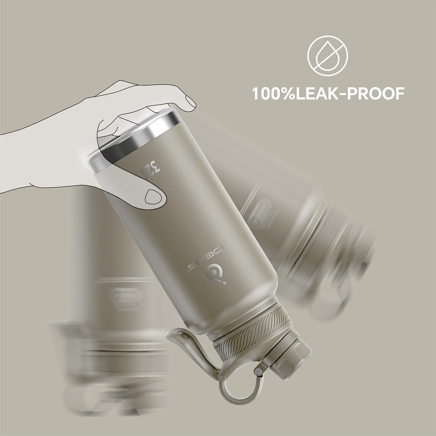 IDEUS Insulated Stainless Steel Water Bottle with 2 Leak-Proof Lids, Thermal Water Flask for Hiking Biking, 32oz, Celadon