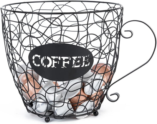 Coffee Pod Holder, Super Large Capacity K-Cup & Nespresso Capsule Basket, XL Metal Kcup Storage, Bar Organizer for Kitchen Dinning Room Office Home Cafe Hotel (Black-Round-Cup)