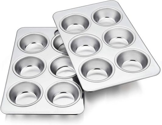 TeamFar 2 Packs Muffin Pan, Stainless Steel Muffin Cupcake Pan Tin Tray for Baking, for Mini Cakes/Tarts/Quiche, Healthy & Sturdy, Oven & Dishwasher Safe (6-Cup)