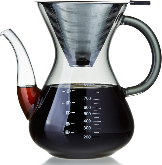 Unbreakable - Pour Over Coffee Maker with Double Stainless Filter 34 fl oz, Thickened Heat-Resistant Borosilicate Glass Pour Over Coffee Dripper, Stovetop Safe