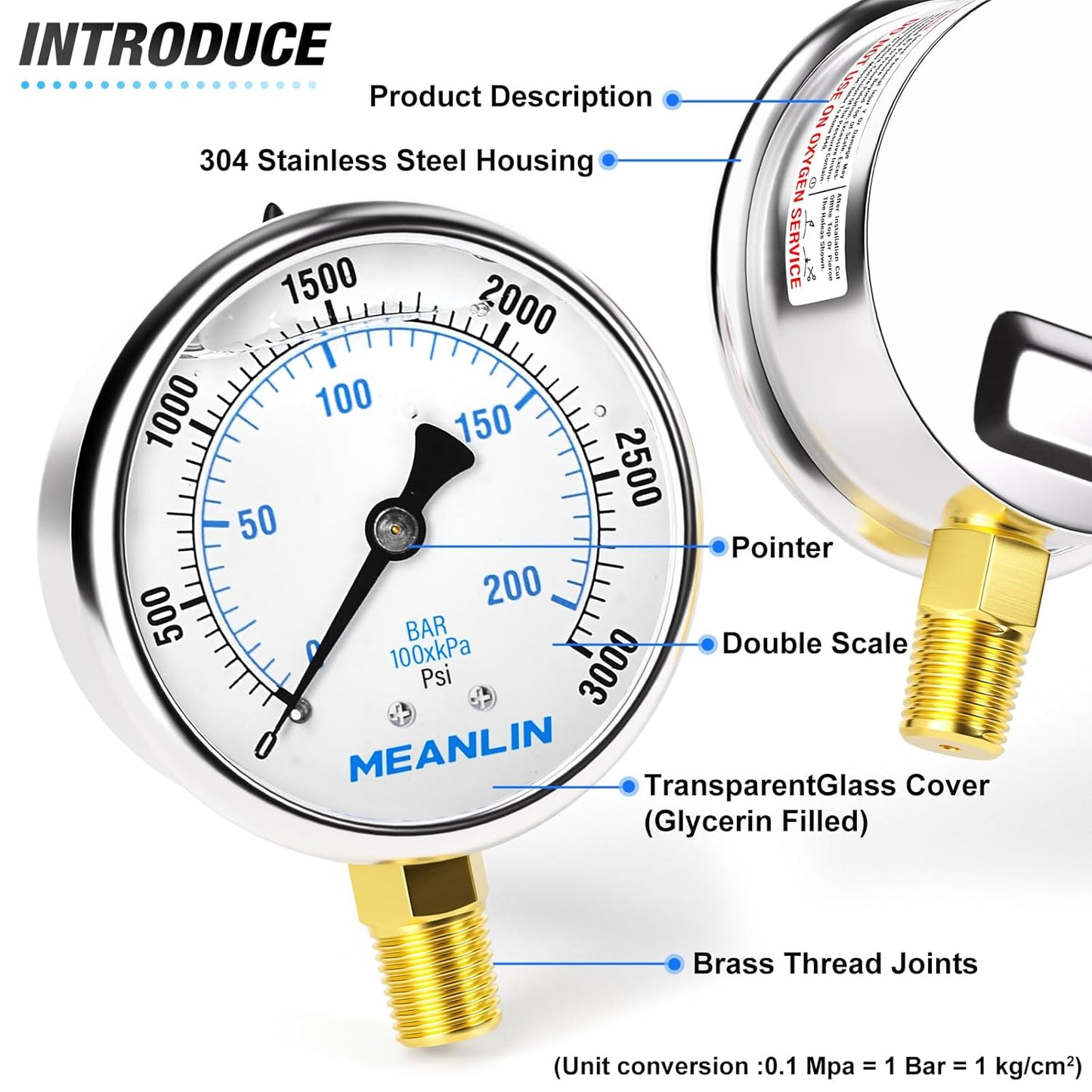 MEANLIN MEASURE 0~3000Psi Stainless Steel 1/4" NPT 2.5" FACE DIAL Liquid Filled Pressure Gauge WOG Water Oil Air Lower Mount, with 1/2" NPT and 3/8" NPT Hex Bushing