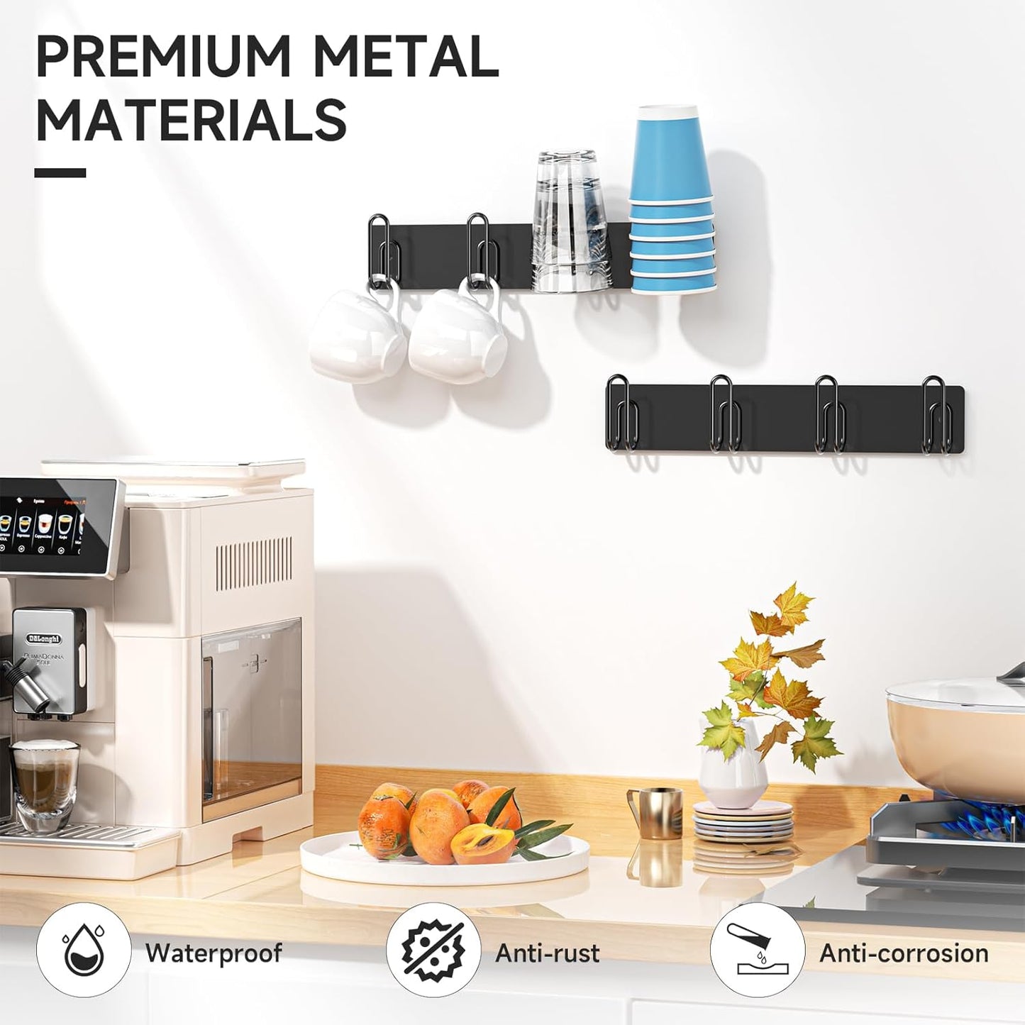 Mug Holder Wall Mounted, 2 Pack Black Coffee Cup Hooks, Metal Mug Rack for Kitchen, Modern Unique Cabinets Cups, Cup Holder Hanging Wall Hanger for Kitchen, Dining Room Coffee Bar