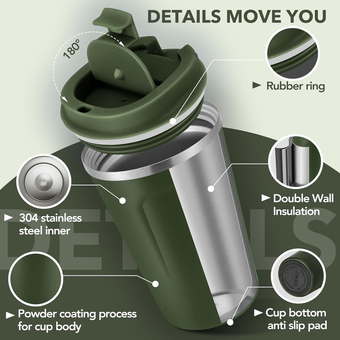 Volhoply 12 oz Double Wall Insulated Vacuum Travel Coffee Mug with Flip Lid Bulk 4 Pack,Reusable Stainless Steel Leak Proof Coffee Cup,Portable Thermal Tumbler for Hot & Cold Drinks(Army Green,8 Set)