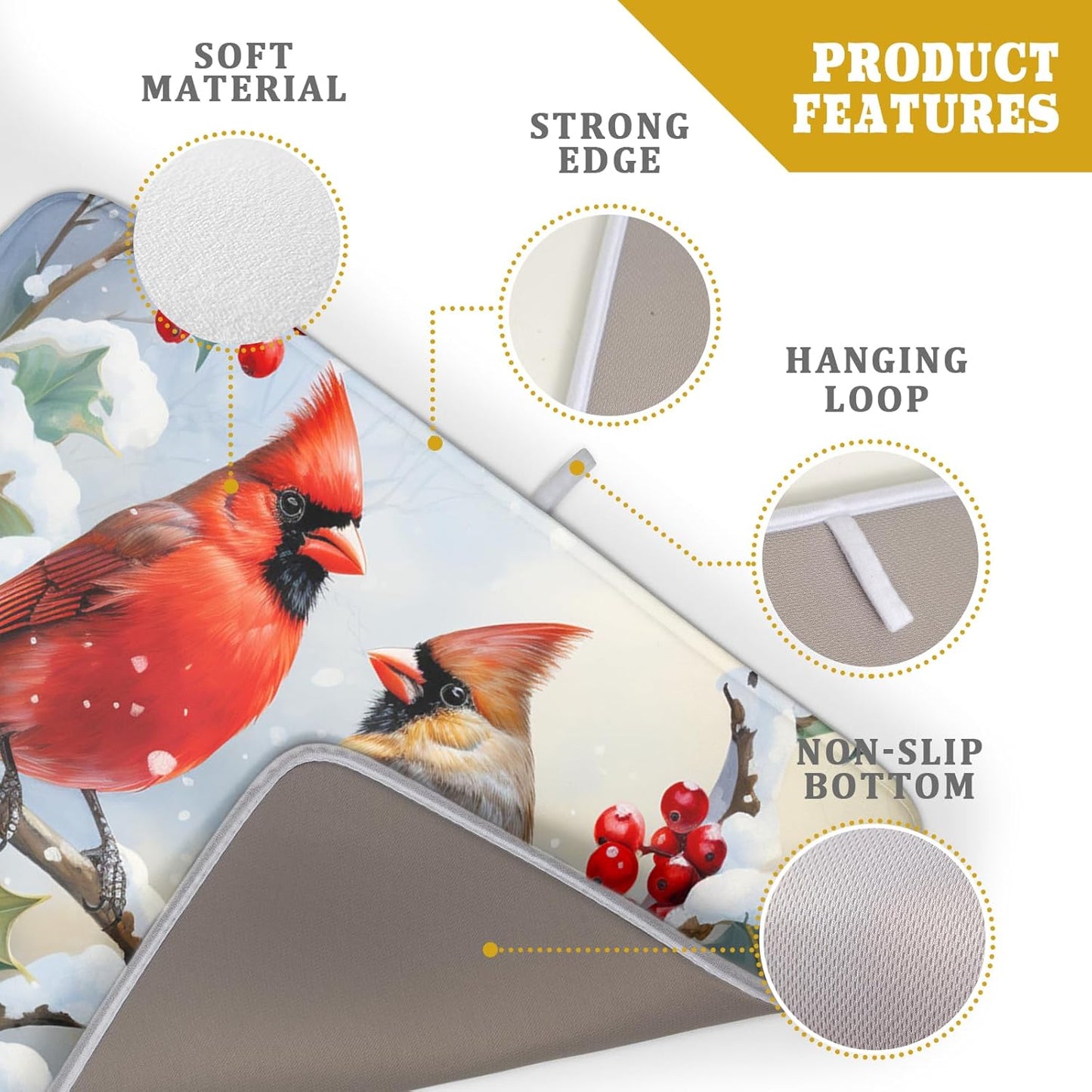 Winter Cardinals Dish Drying Mat for Kitchen Counter - Absorbent Reversible Microfiber Pad, Drainer Rack for Coffee Bar, 18x24 Inch, Red