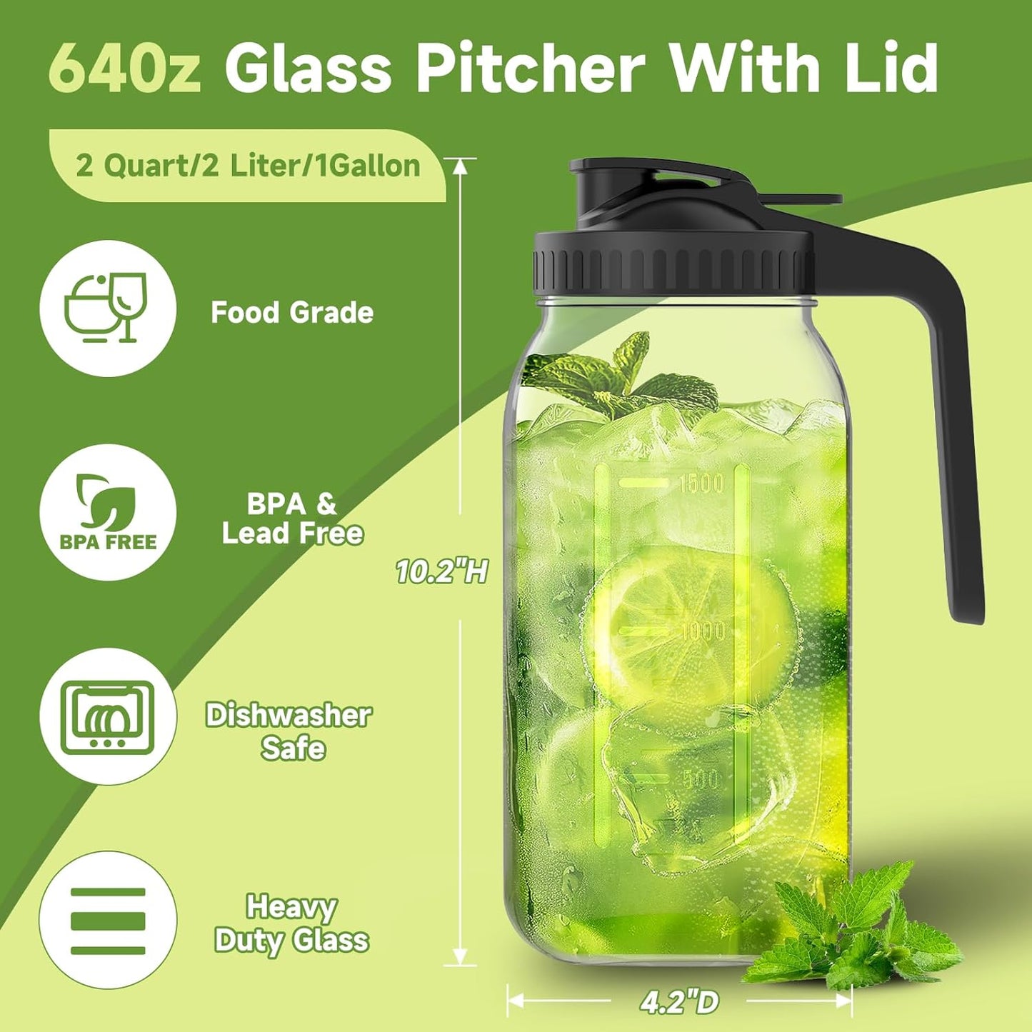 2-Pack 64oz Glass Mason Jar Pitchers with Leak-Proof Lids and Handles – Wide Mouth Design for Sun Tea, Cold Brew, Lemonade, Juice, Iced Tea, and Water