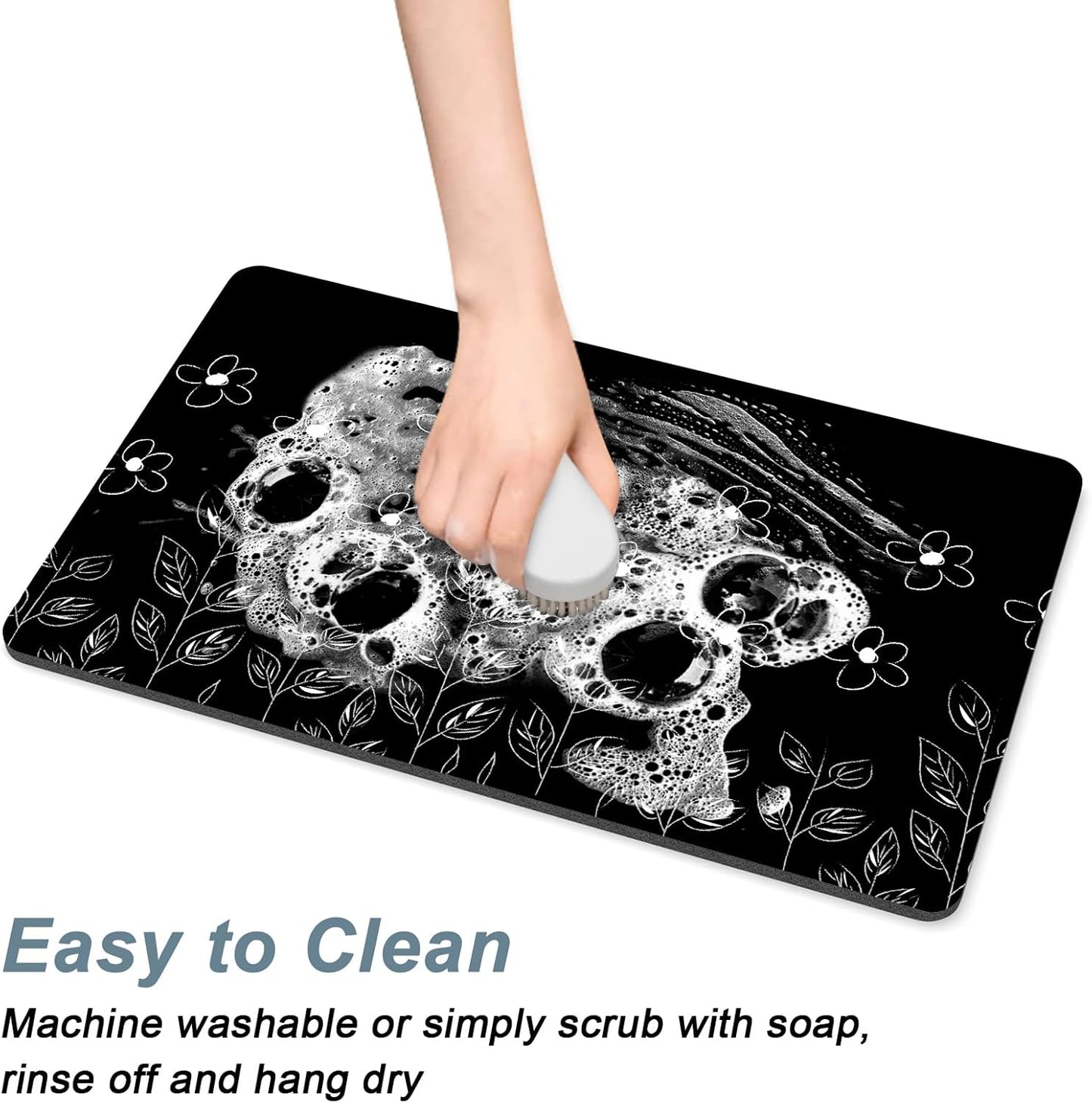 Rnivvi Coffee Mat, 12" x 19" Cute Coffee Bar Mats for Espresso Machine Station Accessories and Organizer, Hide Stain Rubber Backed Absorbent Dish Drying Pad for Kitchen Counter, Black White Flowers