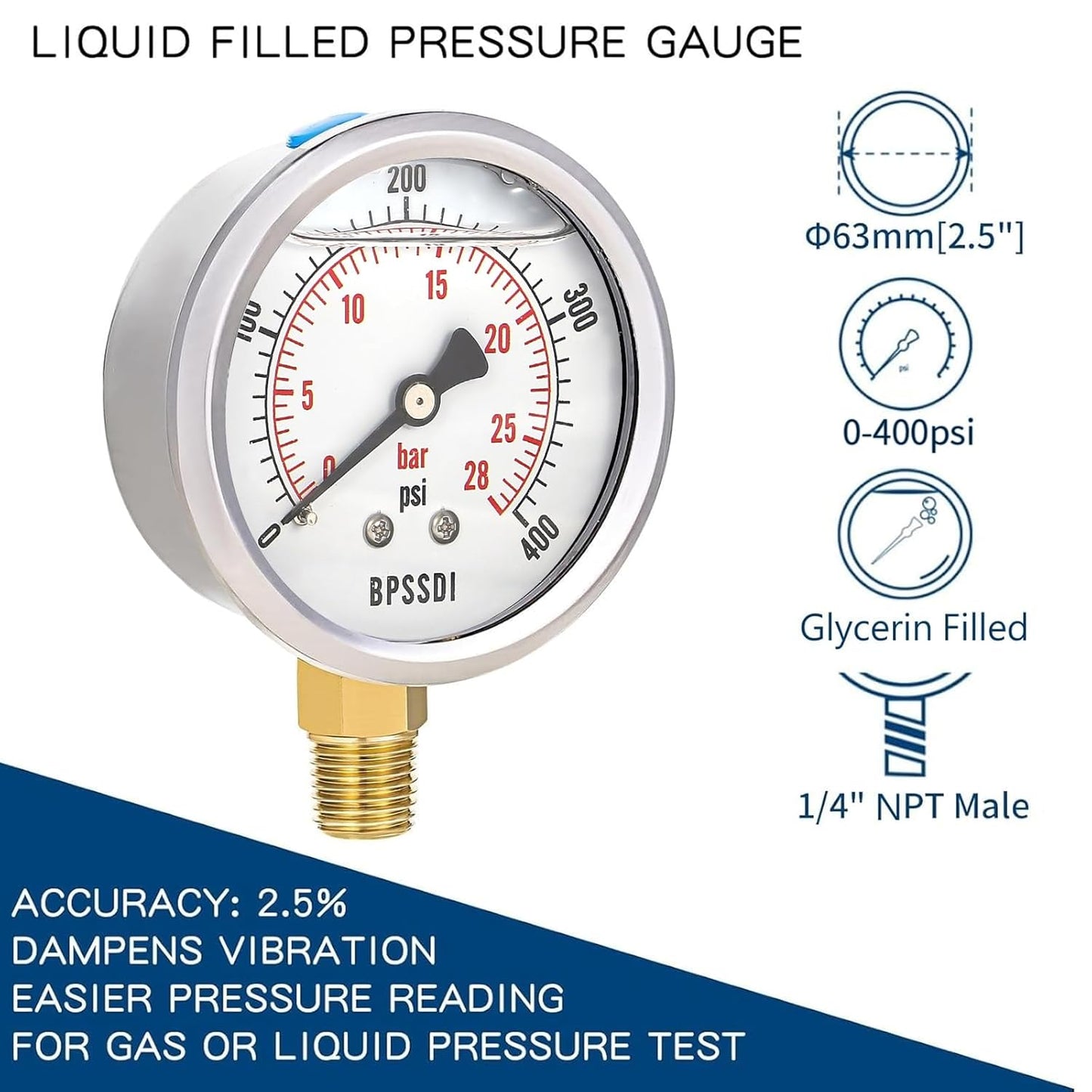 0-400 Psi Glycerin Liquid Filled Pressure Gauge, 2.5" Dial Size, 1/4" NPT Lower Mount, 304 Stainless Steel Case, for Pool Pump Sand Filter Air Compressor, Water Oil Air Pressure Test