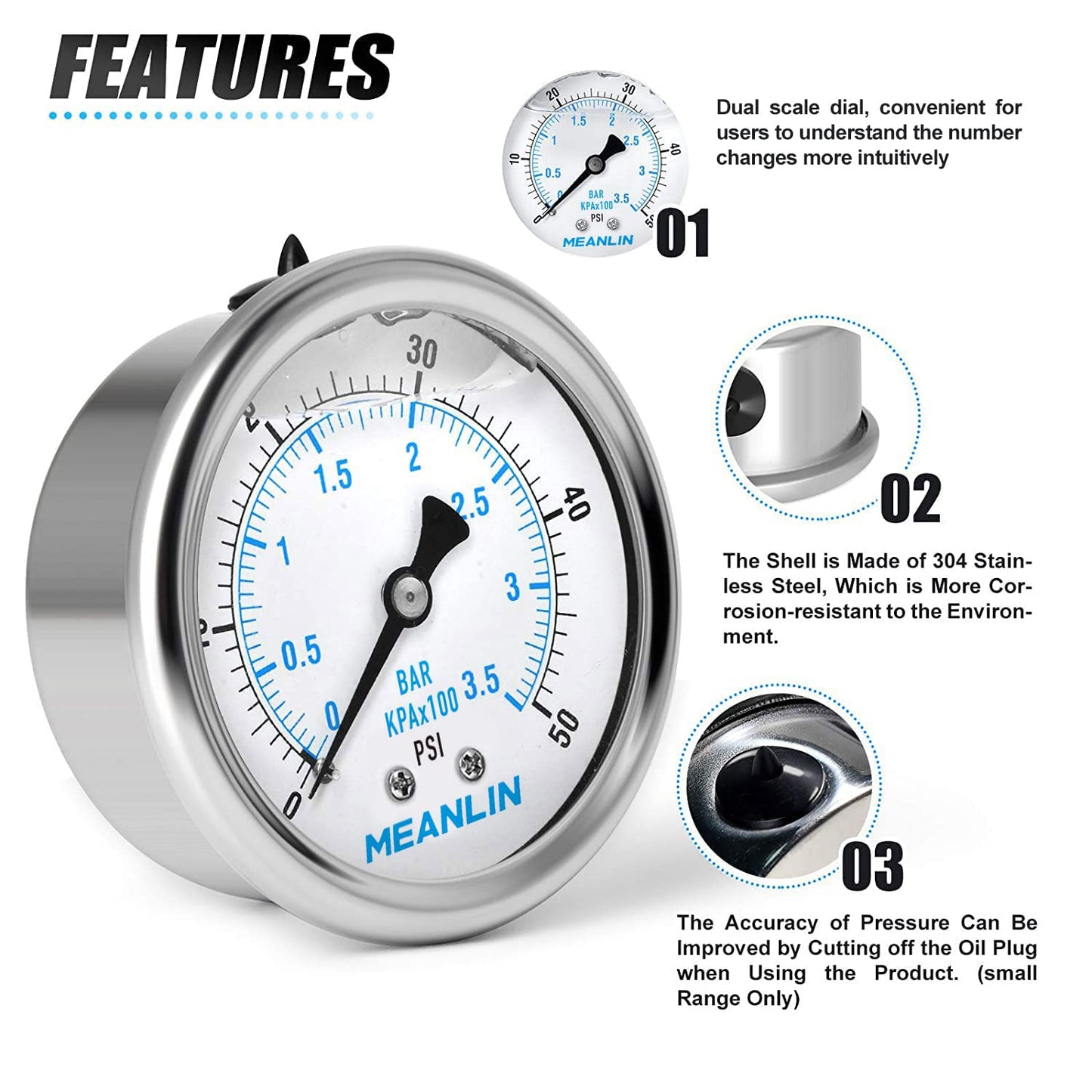 MEANLIN MEASURE 0~50Psi Stainless Steel 1/4" NPT 2.5" FACE DIAL Liquid Filled Pressure Gauge WOG Water Oil Air Center Back Mount, with 1/4" x 1/2" NPT and 1/4" x 3/8" NPT Hex Bushing