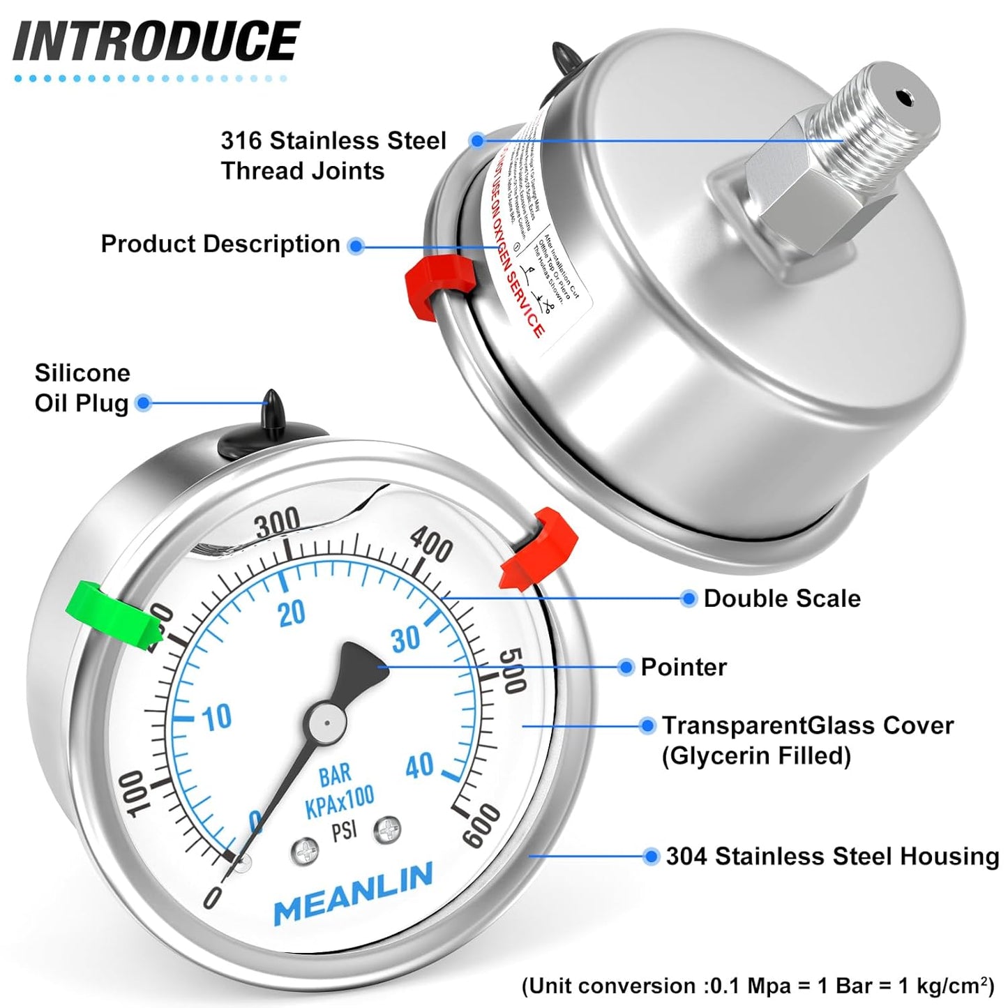 MEANLIN MEASURE 0~600Psi Stainless Steel Liquid Filled Pressure Gauge 2.5" FACE DIAL 1/4" NPT for WOG Water Oil Air Back Mount with Stainless Steel Hex Bushing and Snaps