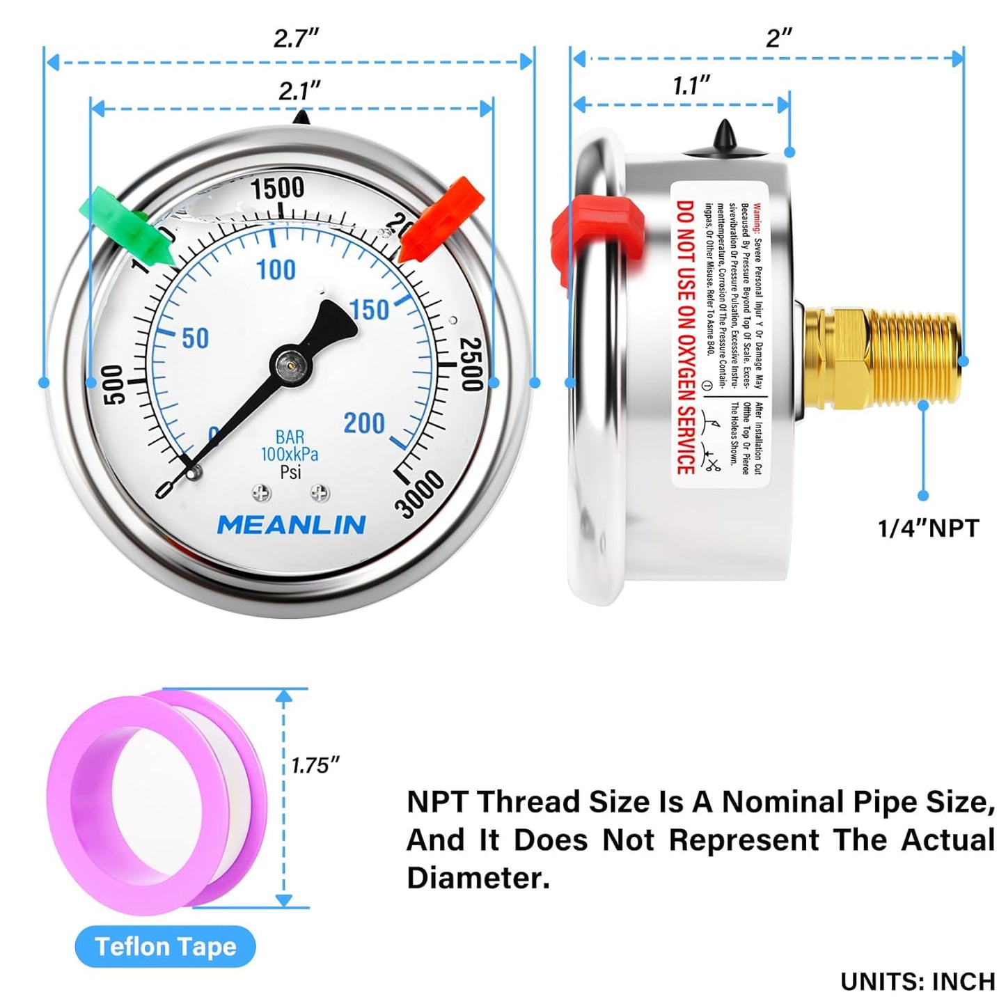 MEANLIN MEASURE 0~3000Psi Liquid Filled Pressure Gauge 1/4" NPT 2.5" FACE DIAL Stainless Steel Glycerin Filled WOG Water Oil Air Back Mount (with 2PCS Snaps)