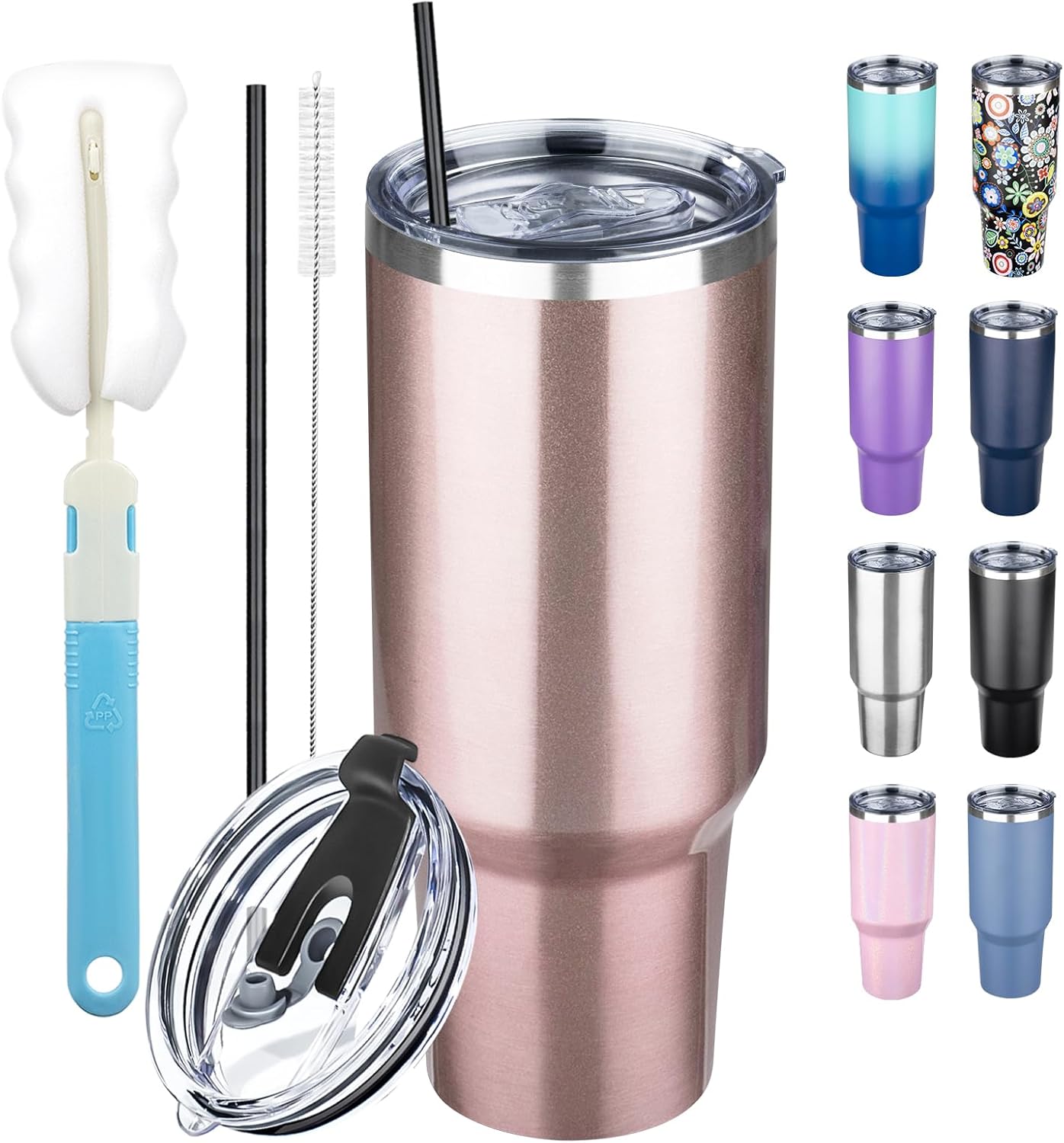 40 oz Tumbler with Lids and Straws, Stainless Steel Insulated Coffee Tumbler, Double Wall Vacuum Insulated Travel Mug Cup, Leakproof Thermal Coffee Cup for Hot and Cold Drinks (Rose Gold)