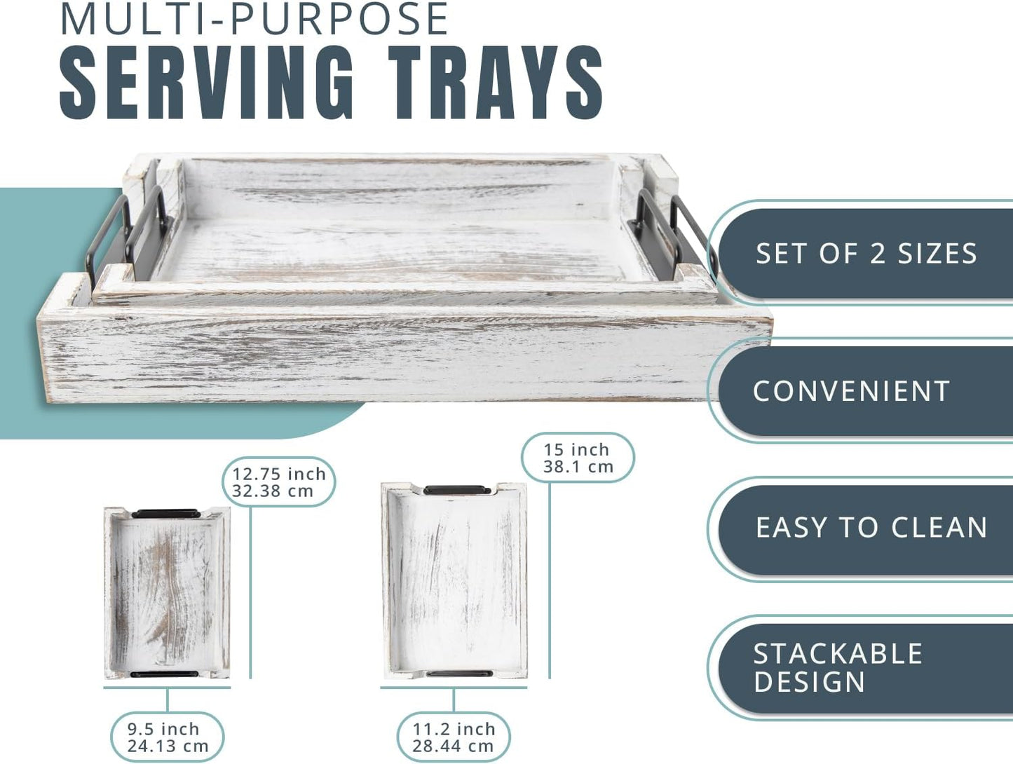 Rustic Wooden Serving Trays with Handle - Set of 2 - Large and Small Nesting Multipurpose Trays - for Breakfast, Coffee Table/Butler & More - Rustic White