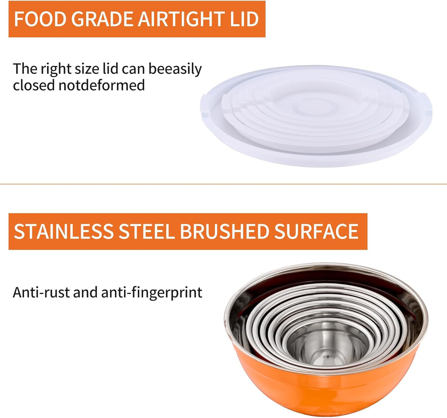 Orange Mixing Bowls With Airtight Lids,Stainless Steel Bowl,Salad Bowls 7 Piece Colorful Nesting Bowl Orange Kitchen Accessories,Size 7,3.6,2.7,2.1,1.5,1.1,0.8QT Stackable Design