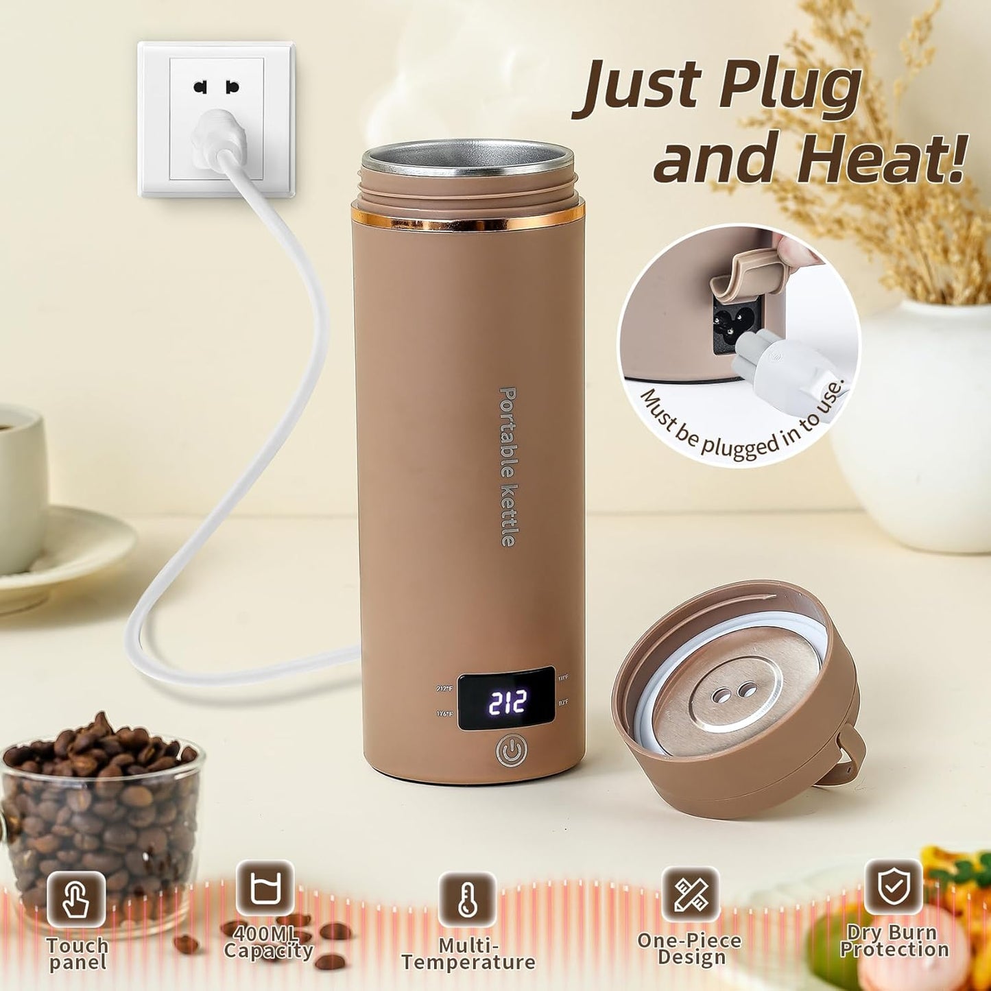 Travel Electric Kettle Portable Mini Kettle,Small Hot Water Boiler with 4 Temperature Settings,304 Stainless Steel, Fast Boiling Water with Auto Shut-Off and Boil Dry Protection,400 ml (Brown, 400ML)