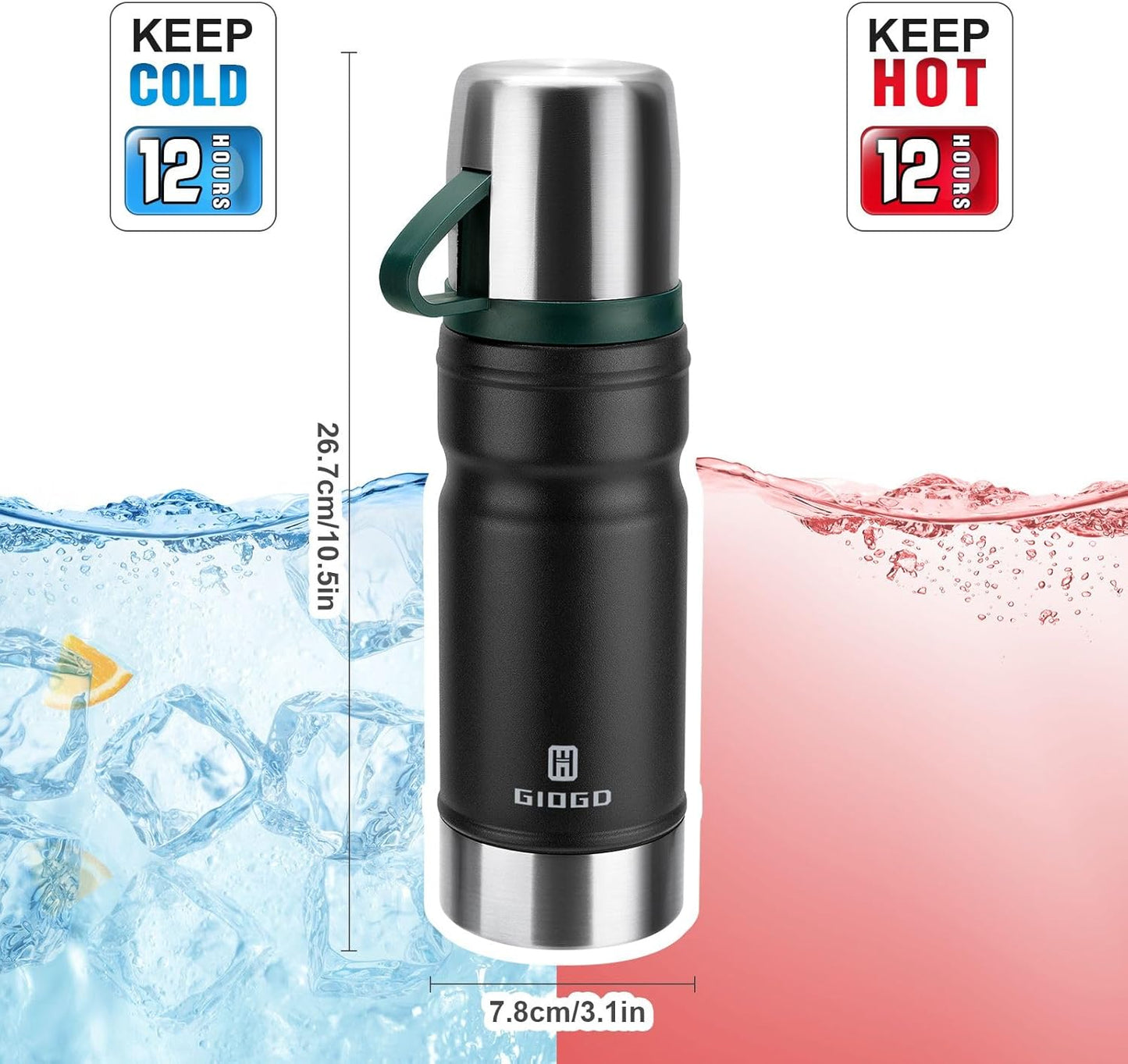 Vacuum Insulated Water Bottle Thermo Water Flask with Cup 680ml/23oz Stainless Steel Thermal Water Bottles Thermo for Hot and Cold Drinks Coffee Water(Black,Set)