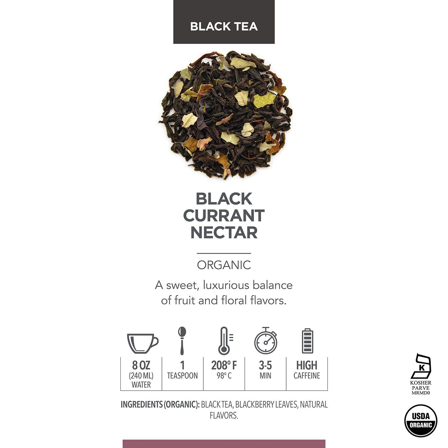 Teabloom Organic Black Tea, Black Currant Nectar Loose Leaf Tea, USDA Certified Organic, 2.80 Ounce Loose Leaf Tea Canister Makes 35-50 Cups