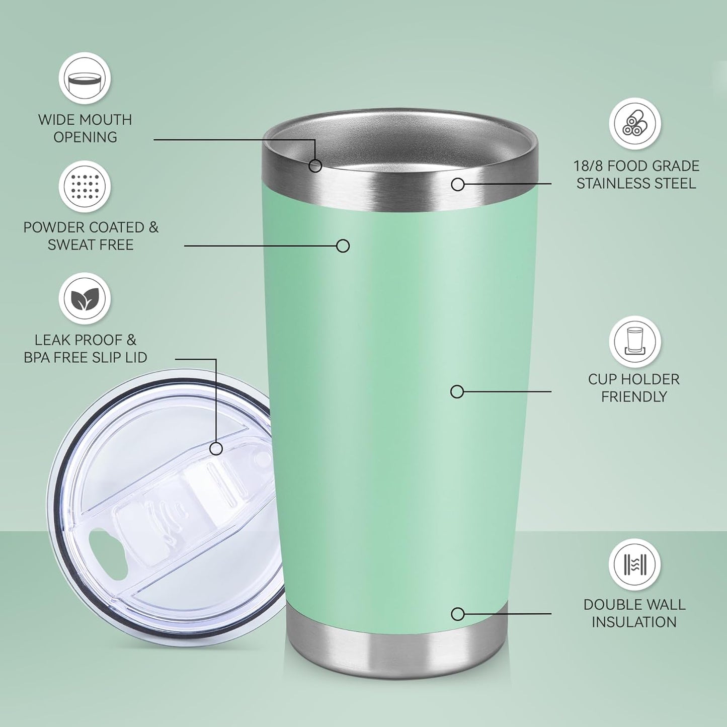 20 oz Tumbler Stainless Steel Tumblers Bulk with Lid Double Wall Insulated Coffee Tumbler Cups for Hot & Cold Drinks Powder Coated Travel Coffee Tumbler Mug Metal (Jade, 6 pack)