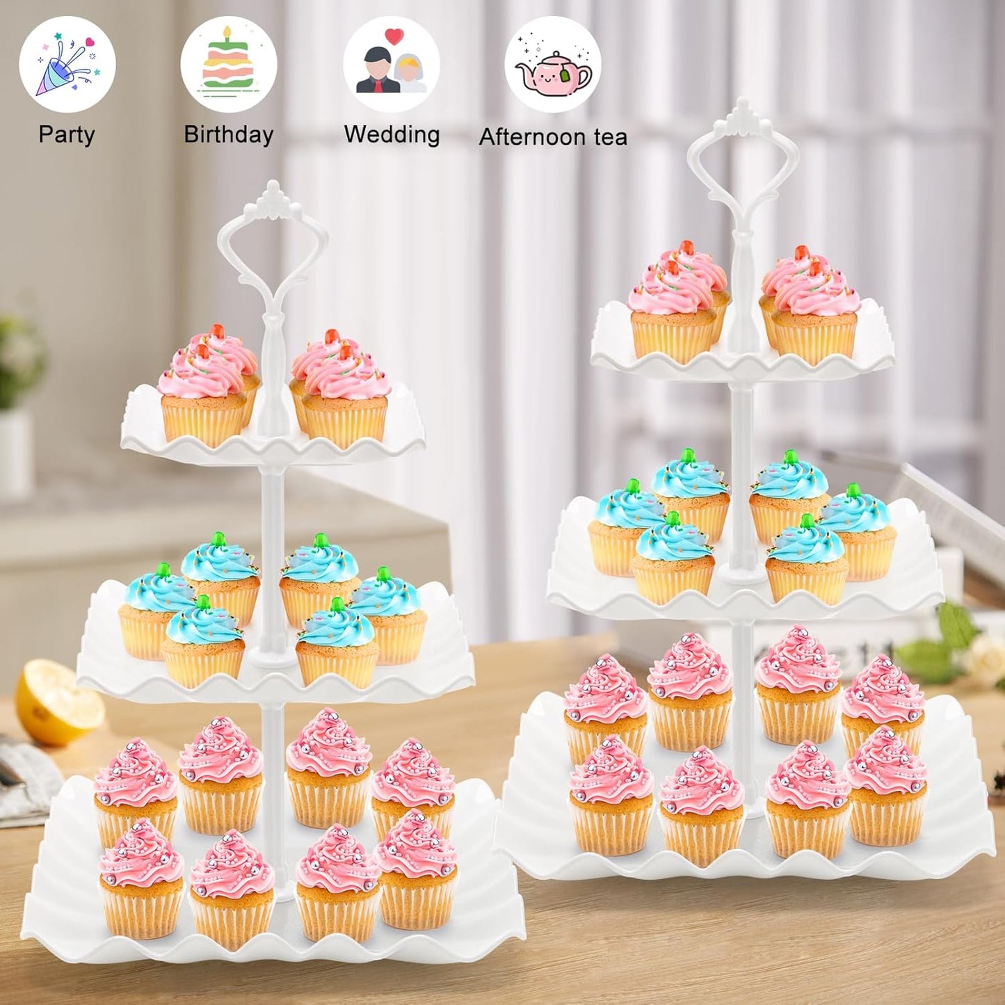 Coitak Plastic Cupcake Stands, 3 Tier Cupcake Stand, Dessert Tower Tray for Tea Party, Baby Shower and Wedding (2 Pack)