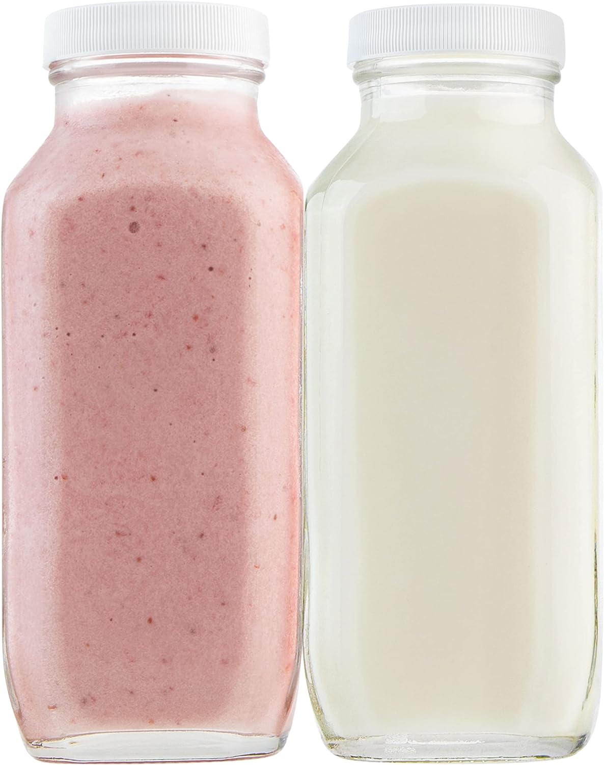 16oz Square Glass Milk Bottles with Plastic Airtight Lids -Vintage Reusable Dairy Drinking Jars Containers for Milk, Yogurt, Smoothies, Juice, Kefir, & Water -2 Pack 16 oz Glass Bottles with Lids