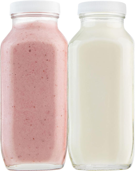 16oz Square Glass Milk Bottles with Plastic Airtight Lids -Vintage Reusable Dairy Drinking Jars Containers for Milk, Yogurt, Smoothies, Juice, Kefir, & Water -2 Pack 16 oz Glass Bottles with Lids