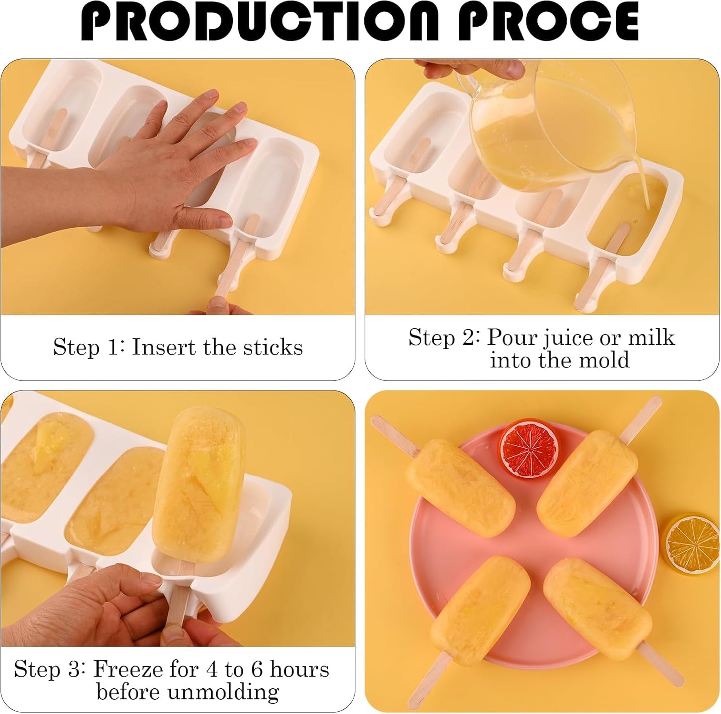 Sakolla 2 Pack Silicone Popsicle Molds, Larg Oval 4 Cavities Homemade Ice Pop Molds with 50 Wooden Sticks for Ice Cream, Cakesicles, Cake Pop (White)