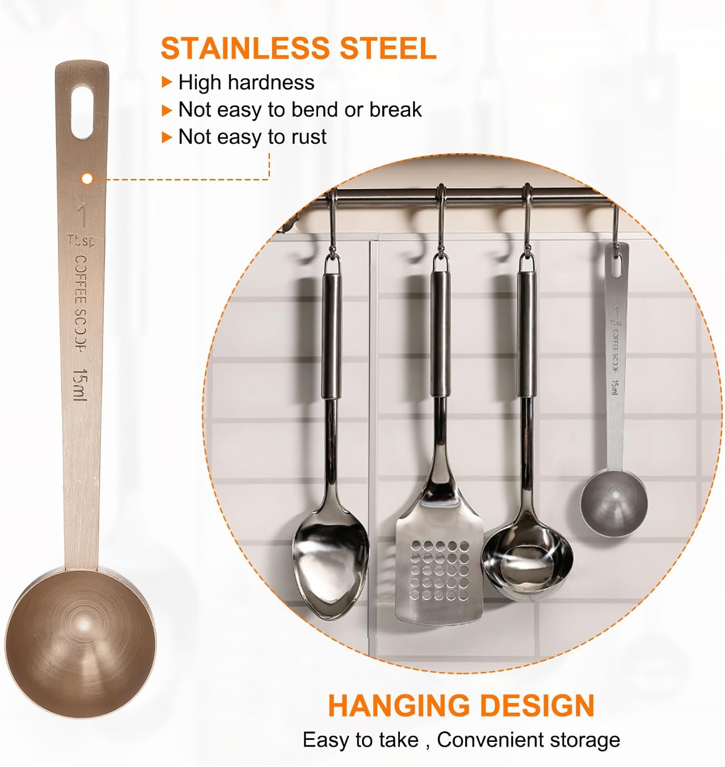 HARFINGTON 2pcs Coffee Scoop Spoon 1tbsp (3tsp, 15ml) 304 Stainless Steel Long Handle Teaspoon/Tablespoon Measuring Spoons Scoops for Tea Sugar Kitchen, Rose Gold