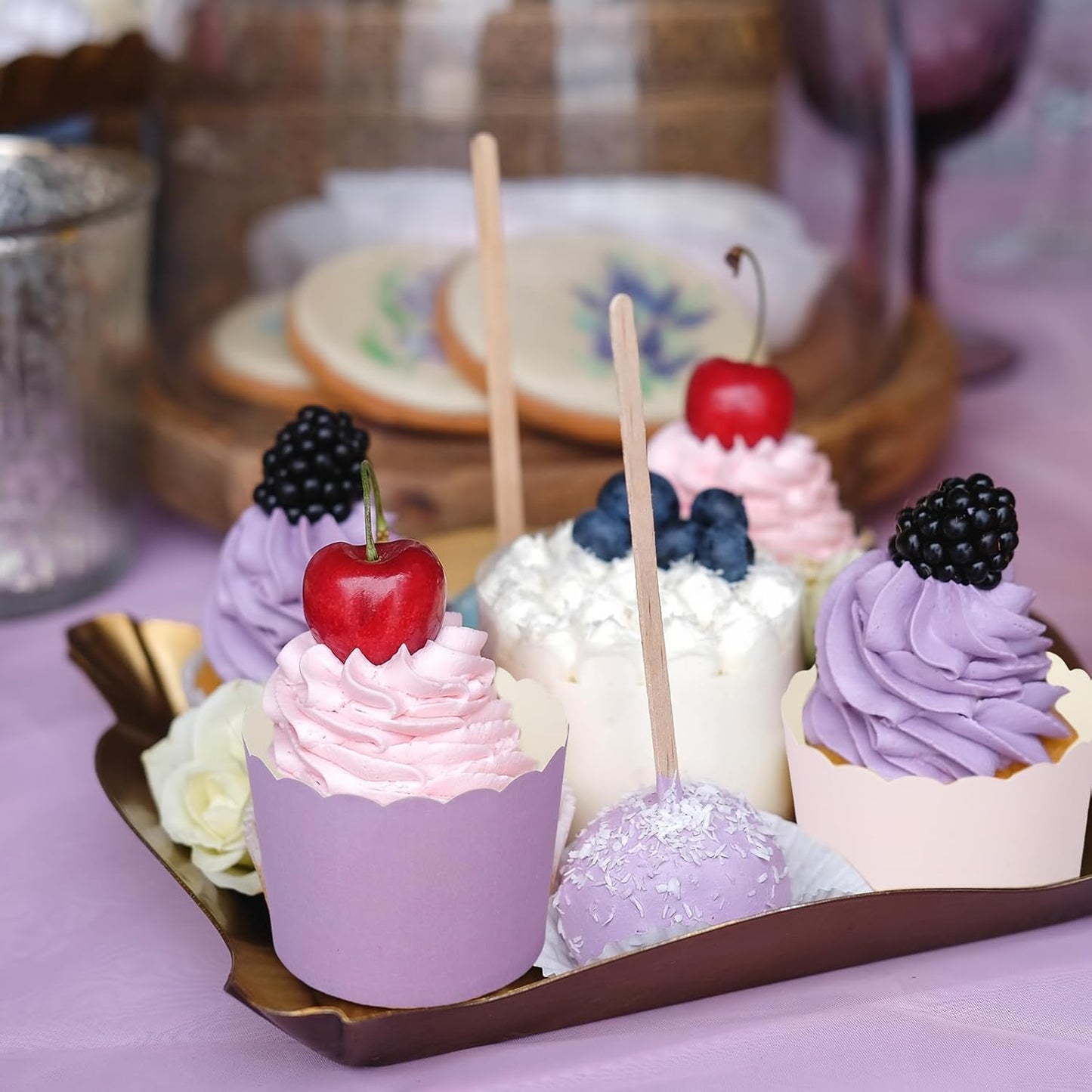 Whaline 120Pcs Purple Paper Baking Cups Scalloped Edge Cupcake Wrappers Gradient Purple Cupcake Muffin Cases for Wedding Birthday Baby Shower, 3 Colors