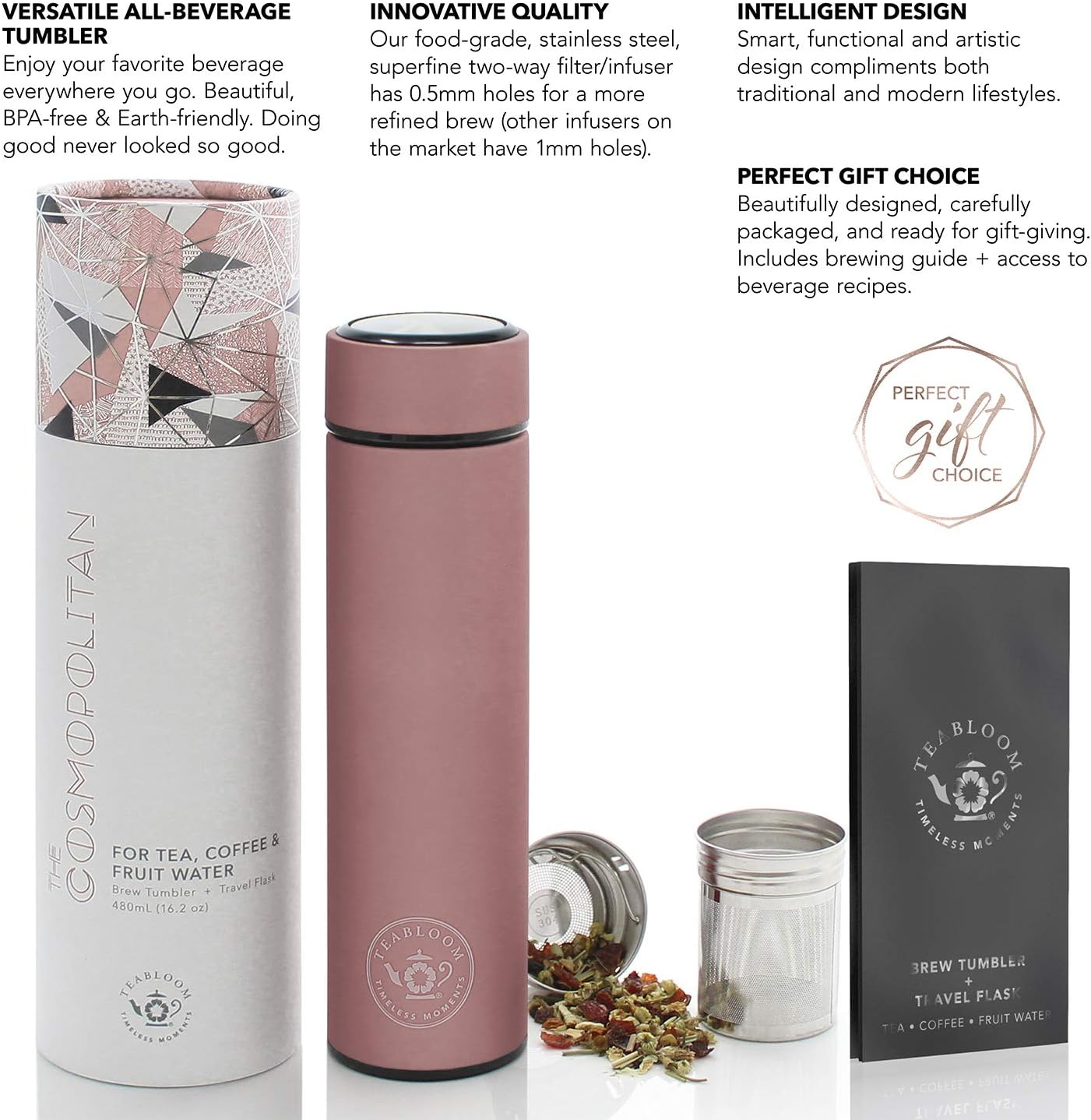 Teabloom - The ORIGINAL All-Brew Travel Tumbler & Thermos | OPRAH’s Favorite | 16oz/480ml Stainless Steel Insulated Water Bottle/Tea Flask/Cold Brew Coffee Mug