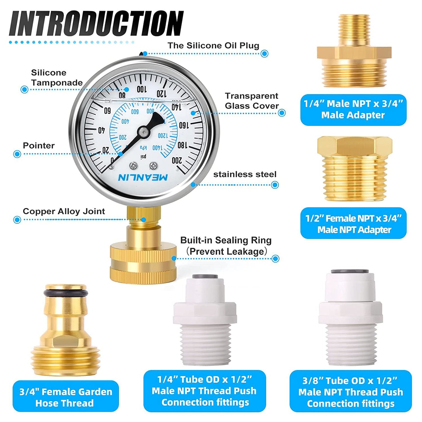 MEANLIN MEASURE 0~200Psi Stainless Steel Frame 3/4" Female Liquid Filled Pressure Gauge kit Plus 5 adapters, 2.5" FACE DIAL Multi-Purpose Pressure Gauge kit, Suitable for Gardens, Water Pipes, etc