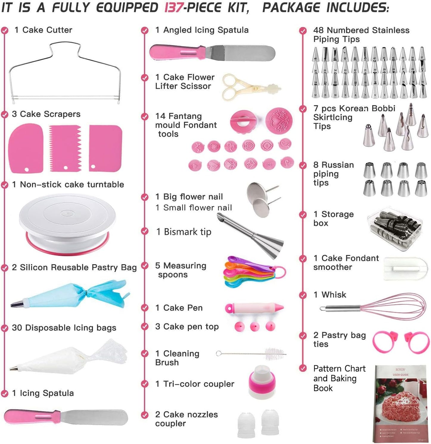 Cake Decorating Kit,137pcs Cake Decorating Supplies with Cake Turntable for Decorating,Pastry Piping Bag,Russian Piping Tips Baking Tools, Cake Baking Supplies for Beginners(Pink)