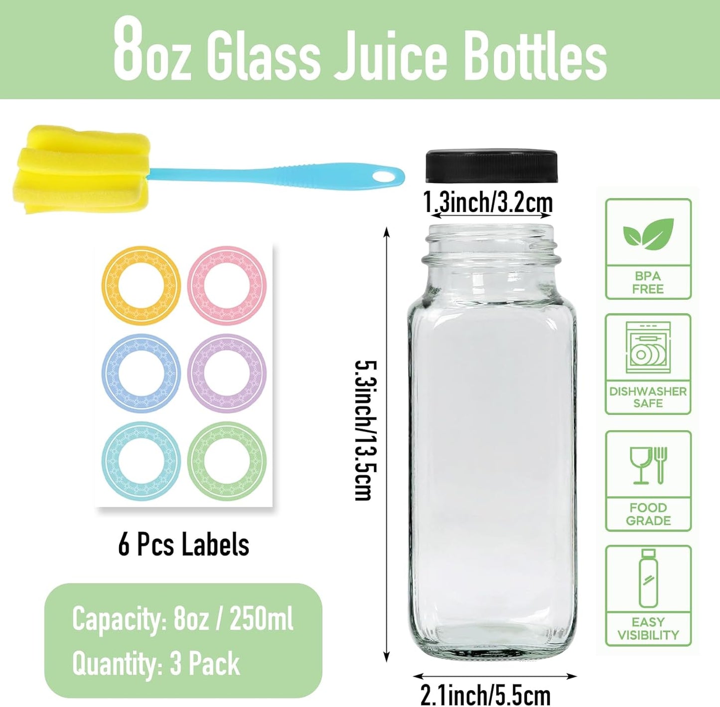 3 pack 8 oz Glass Juice Bottles with Lids, 250 ml Reusable Glass Water Bottles, Empty Drink Containers Drinking Jars with Brush, for Milk, Juicing, Kombucha, Ginger