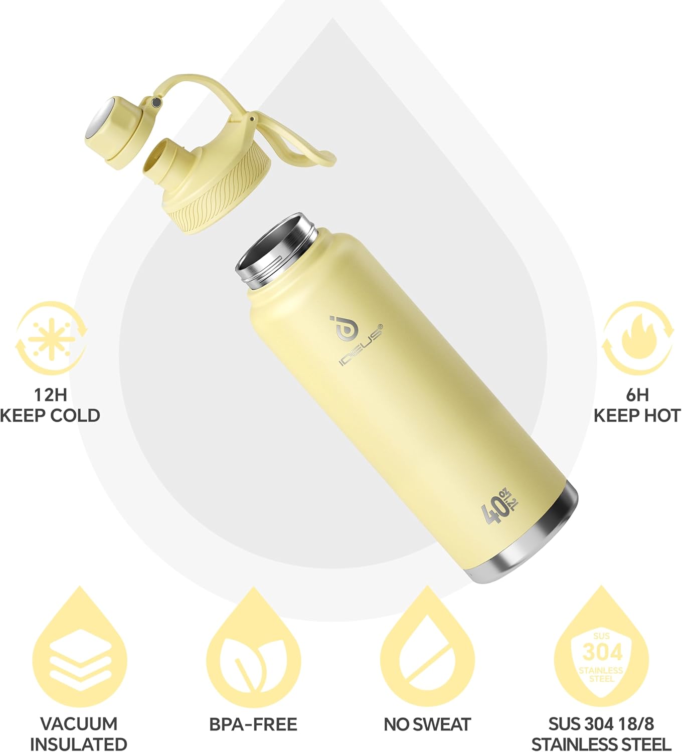 IDEUS Insulated Stainless Steel Water Bottle with 2 Leak-Proof Lids, Thermal Water Flask for Hiking Biking, 40oz, Light Yellow