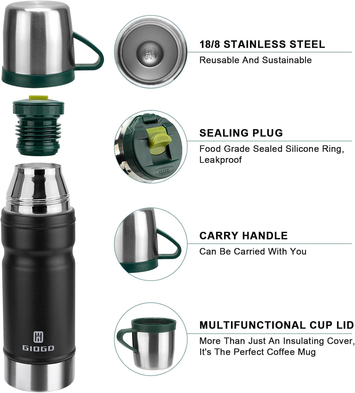 Vacuum Insulated Water Bottle Thermo Water Flask with Cup 680ml/23oz Stainless Steel Thermal Water Bottles Thermo for Hot and Cold Drinks Coffee Water(Black,Single)