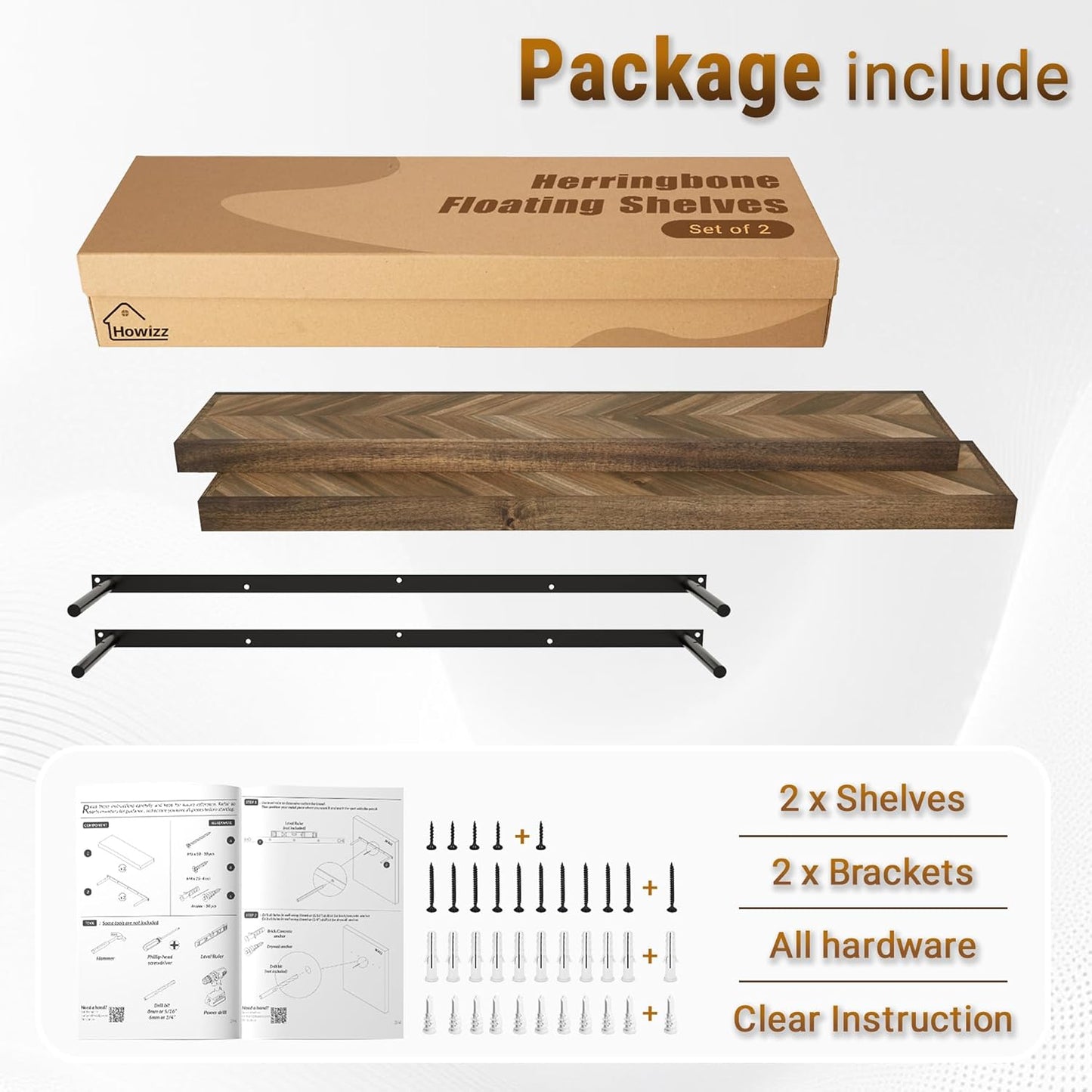 36" Acacia Chevron Floating Shelves Set of 2 - Wall Mounted Wooden Shelf for Stylish Home Décor - Dark Walnut Color - 36x6.7x1.5 Inches