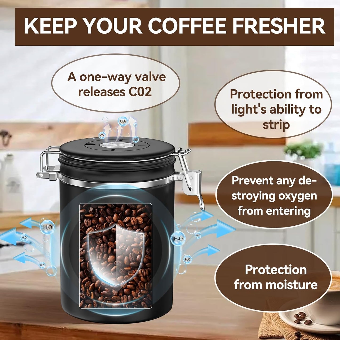 Coffee Canister, Stainless Steel Coffee Bean Storage Container with Date Tracker and Scoop, Kitchen Food Container for Grounds Coffee, Beans, Tea, Flour, Cereal, Sugar, 22OZ (1800ML | Black)