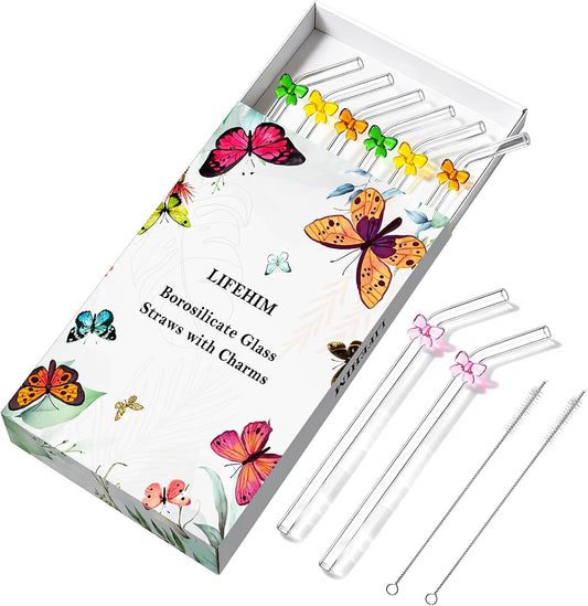 Cute Glass Straws with Charms, Bent 8mm 9in Clear Borosilicate Reusable Drinking Straws with Handmade Colored Bows for Cocktail, Iced Coffee, Tumbler, Mason Jars, Party & Gift Set with Case and Brush