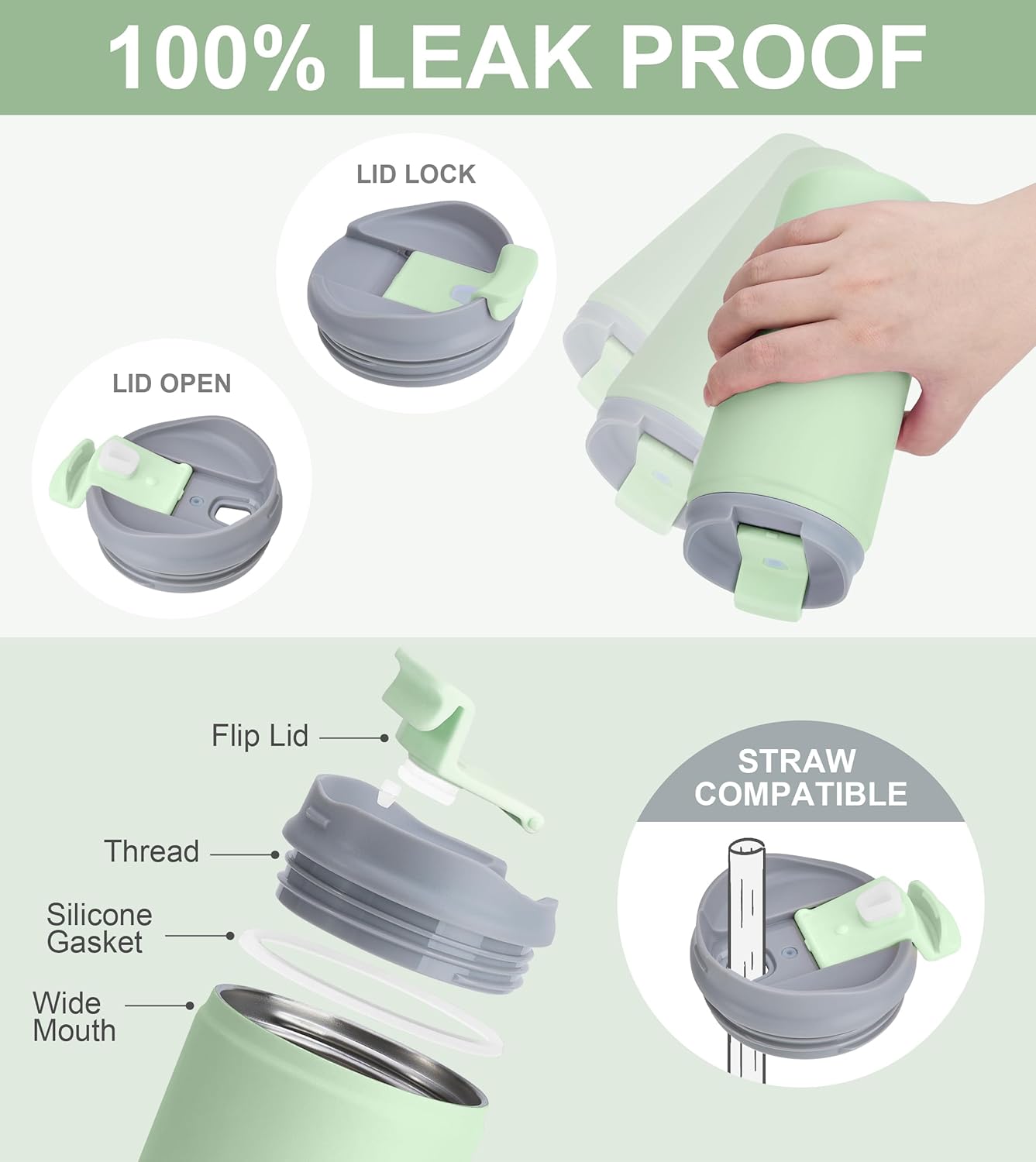 SUNWILL Travel Coffee Mug with Lid, Stainless Steel Coffee Tumbler Cups 16 oz Leakproof, Powder Coated Matcha