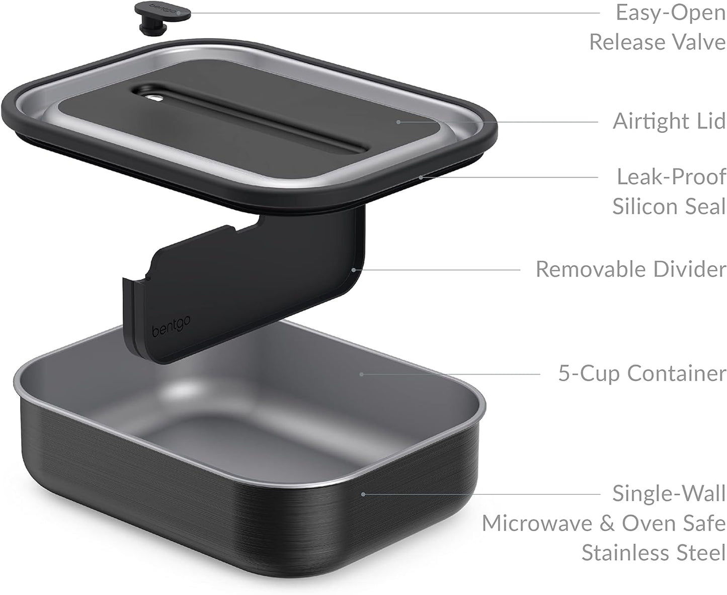 Bentgo MicroSteel Leak-Proof Lunch Box - Microwave-Safe, Oven-Safe, Bento-Style Container with Removable Divider, Airtight Lid, Sustainable Design, Odor & Stain Resistant (Carbon Black)