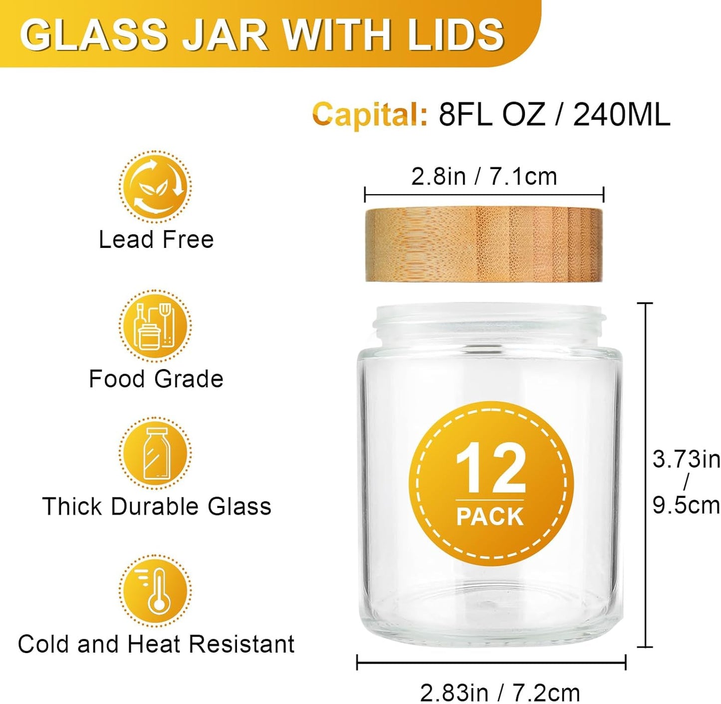 AISIPRIN Spice Jars with Label,12 Pcs 8oz Glass Jars with Bamboo Lids,Spice Organizer for Cabinet,Drawer, Rack, Seasoning Organizer Containers,Including 2 Type Labels