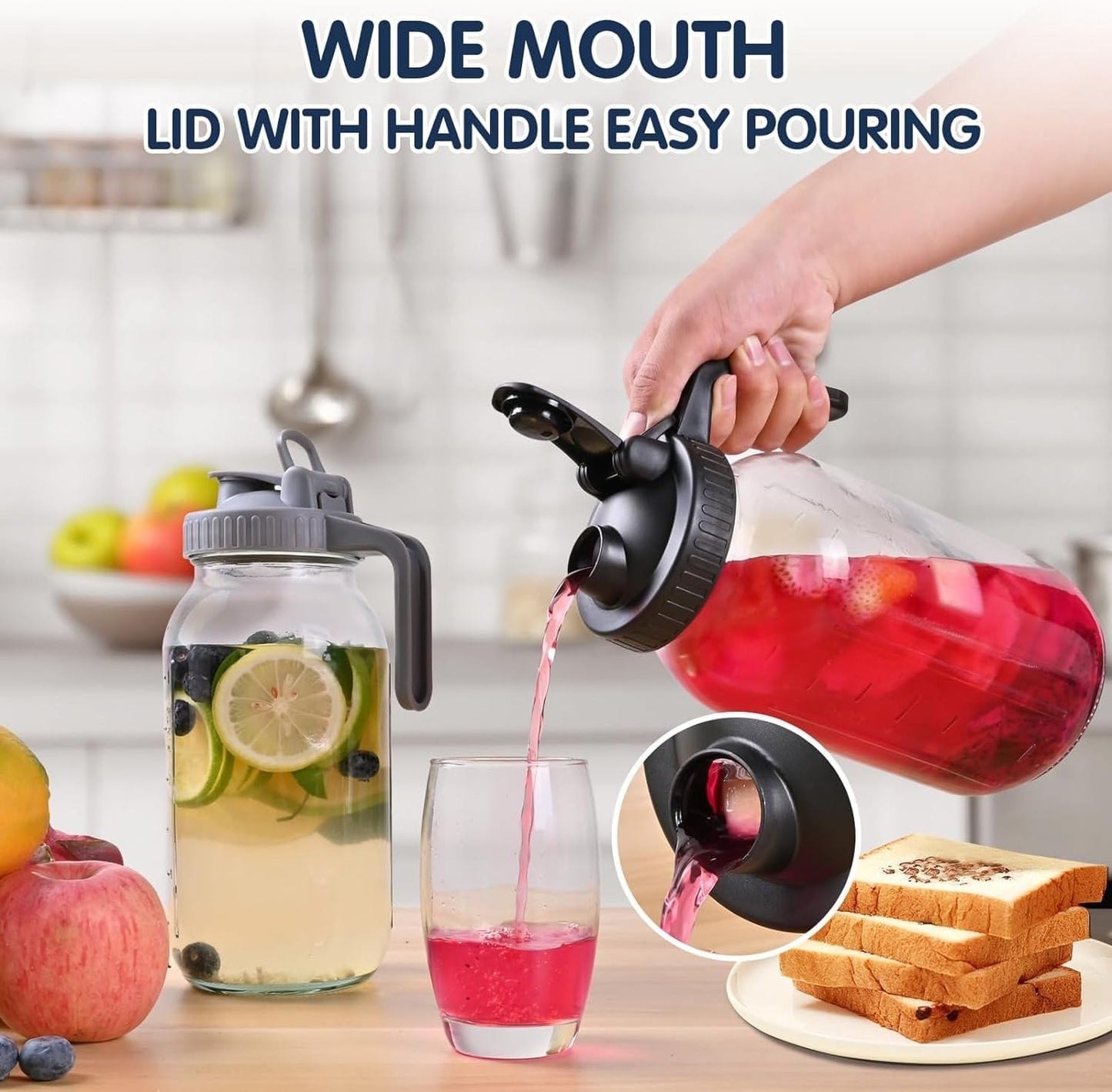 Glass Pitchers with Lid, Set of 2, Wide Mouth Water Jugs 64OZ Leak-Proof Airtight Mason Jars for Cold Brew Coffee, Iced tea, Milk, Food Storage, Sun Tea Jar., Black