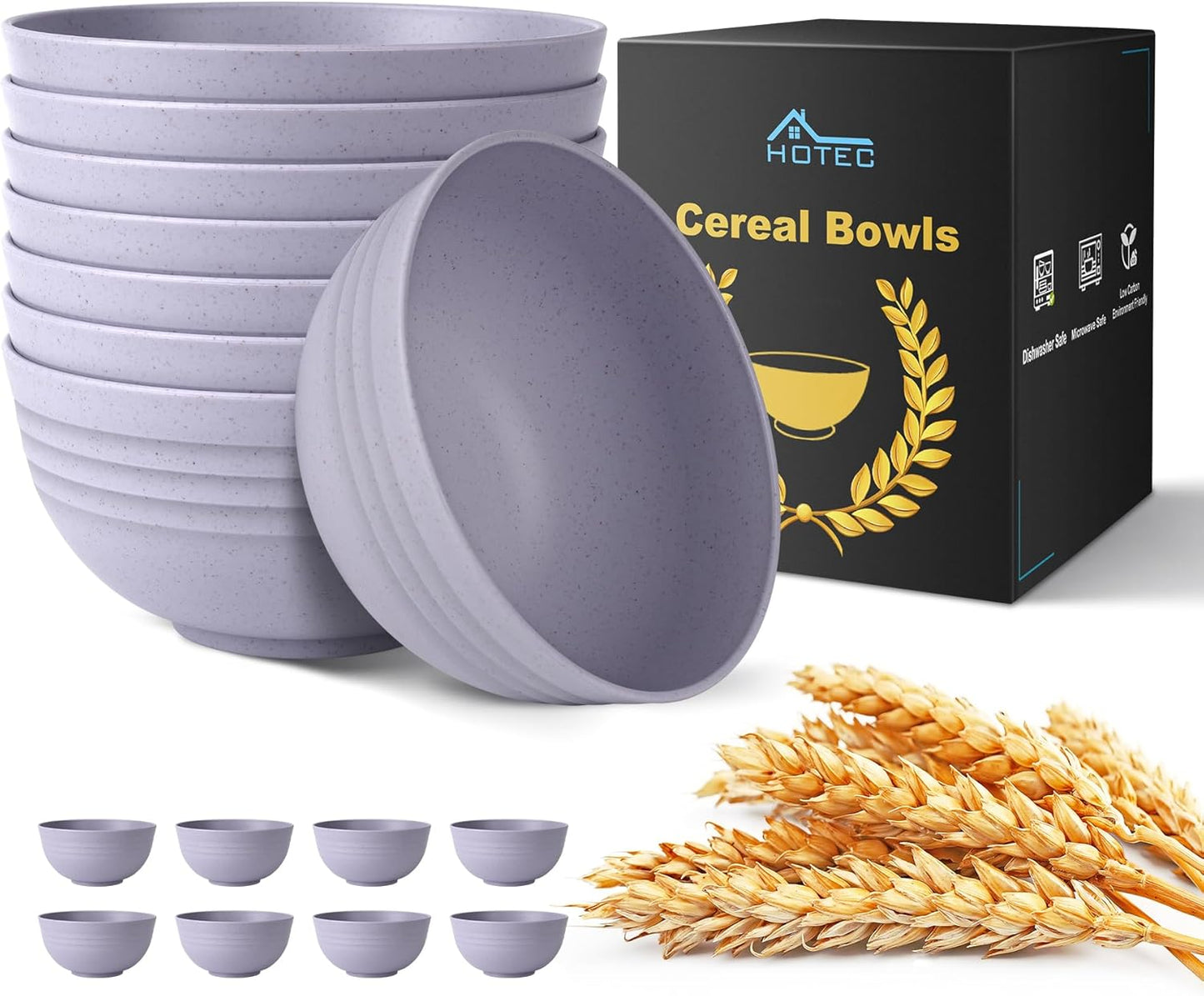HOTEC BPA Free Unbreakable Wheat Straw Cereal Bowls - Microwave & Dishwasher Safe Soup and Salad Bowls, Set of 8, 26oz, Purple