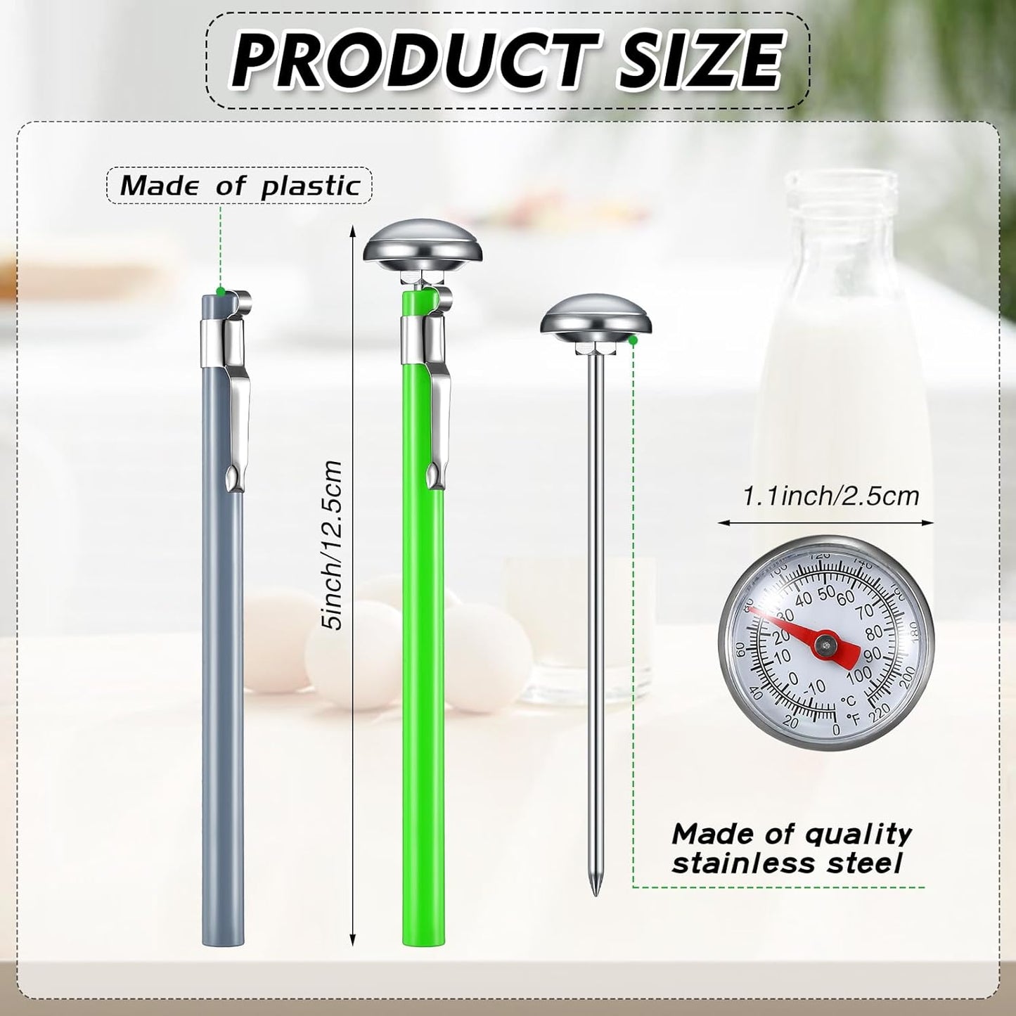 Xuhal 3 Pcs Stainless Steel Kitchen Thermometer with 5 Inch Long Stem 1 Inch Dial Thermometer Milk Frothing Food for Oven Probe Meat Grill BBQ Cooking Chocolate Water (Gray,Green,Blue)