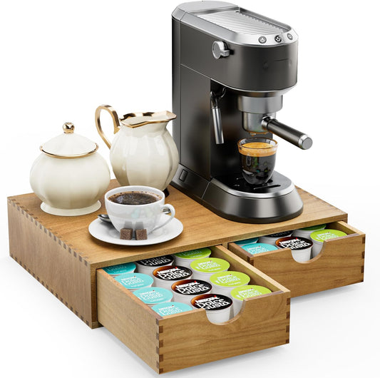 Pine Wood K Cup Organizer, Coffee Pod Storage Box for Counter, Coffee Pods and Tea Organizer Holder, K Pod Drawer Coffee Maker Machine Stand for Kitchen Office Coffee Bar (30 Pods Capacity, Walnut)