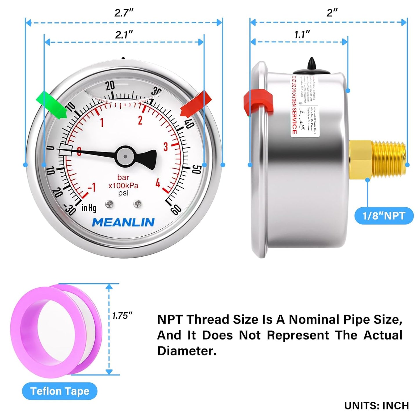 MEANLIN MEASURE -30inHG~60Psi Vacuum Pressure Gauge 1/8" NPT 2.5" FACE DIAL, Stainless Steel Liquid Filled Pressure Gauge WOG Water Oil Air Center Back Mount (with 2PCS Snaps)