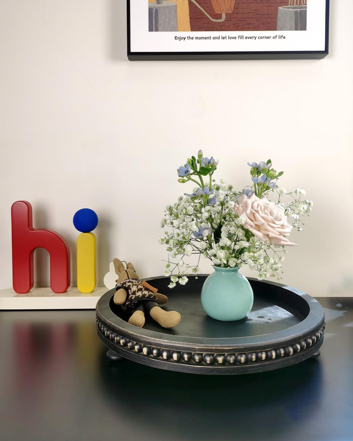 12 Inches Rustic Wooden Decorative Tray, Small Round Beaded Wood Tray for Kitchen Dinning Table Centerpiece Decor Entryway Living Room Home Decor, Black