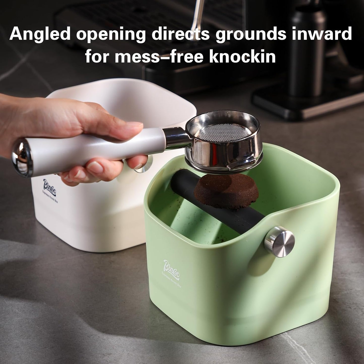 Espresso Knock Box - Bincoo Espresso Machine Knock Box/Espresso Grounds Knock Box, Barista Style Coffee Knock Box for Grounds with Removable Shock-Absorbent Knock Bar and Anti-Slip Base. (Green)
