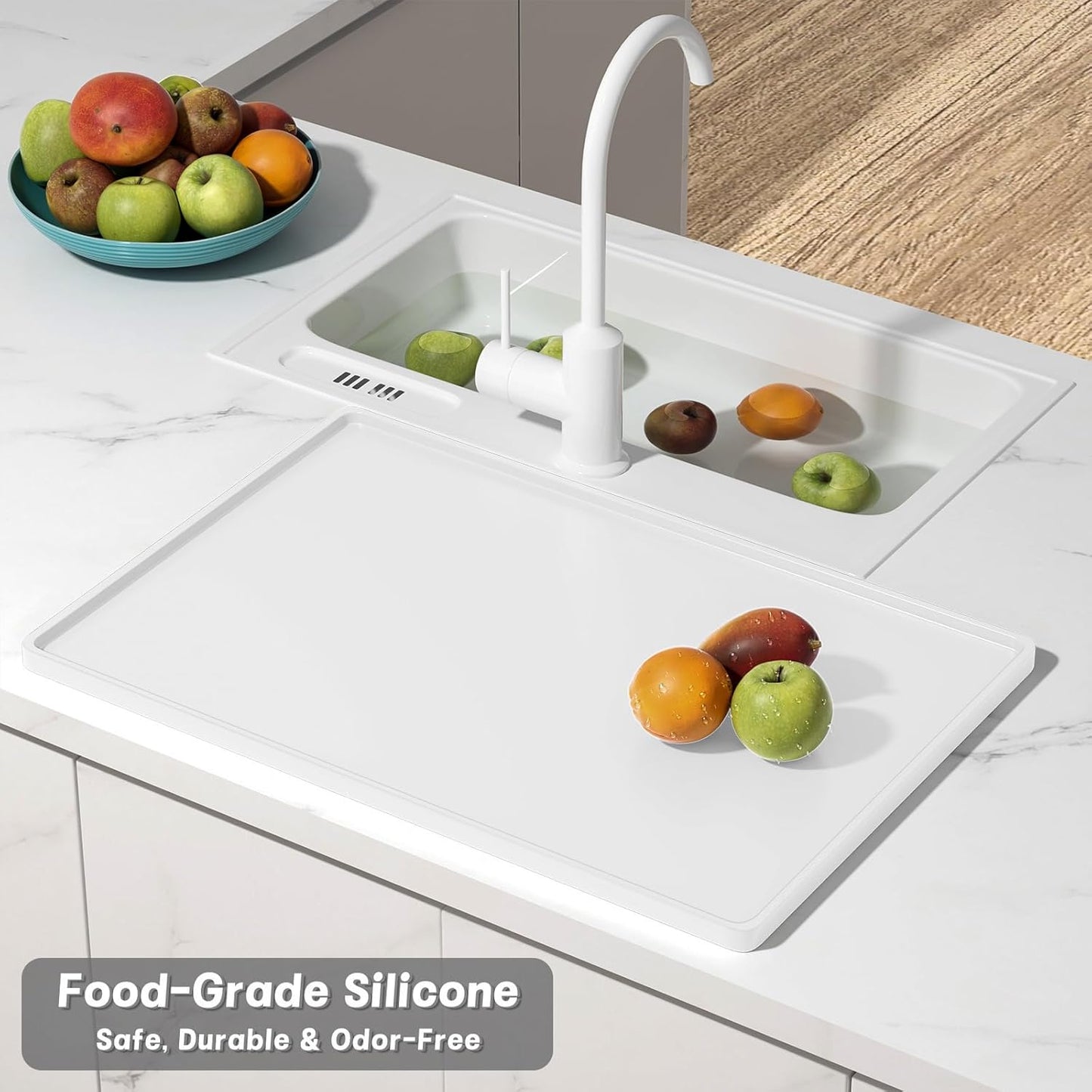 Rnivvi Silicone Coffee Mat, 12" x 19" Waterproof Raised Edge Coffee Bar Mats for Espresso Machine Station Accessories, Heat Resistant Dish Drying Pad for Kitchen Counter, Rubber Bar Decor Pad, White